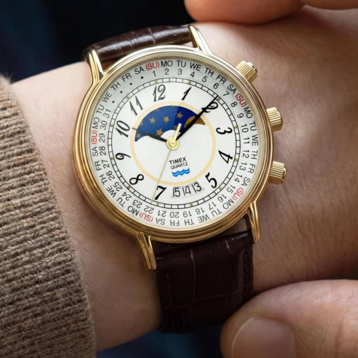 Timex Reissue 1990 Moon Phase 37mm White Dial Leather Mens Quartz Watch TW2Y99000