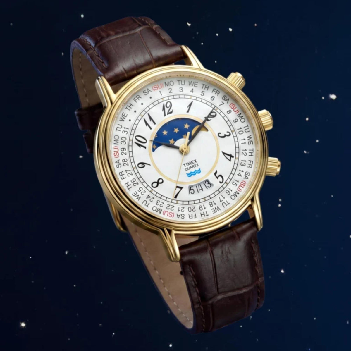Timex Reissue 1990 Moon Phase 37mm White Dial Leather Mens Quartz Watch TW2Y99000