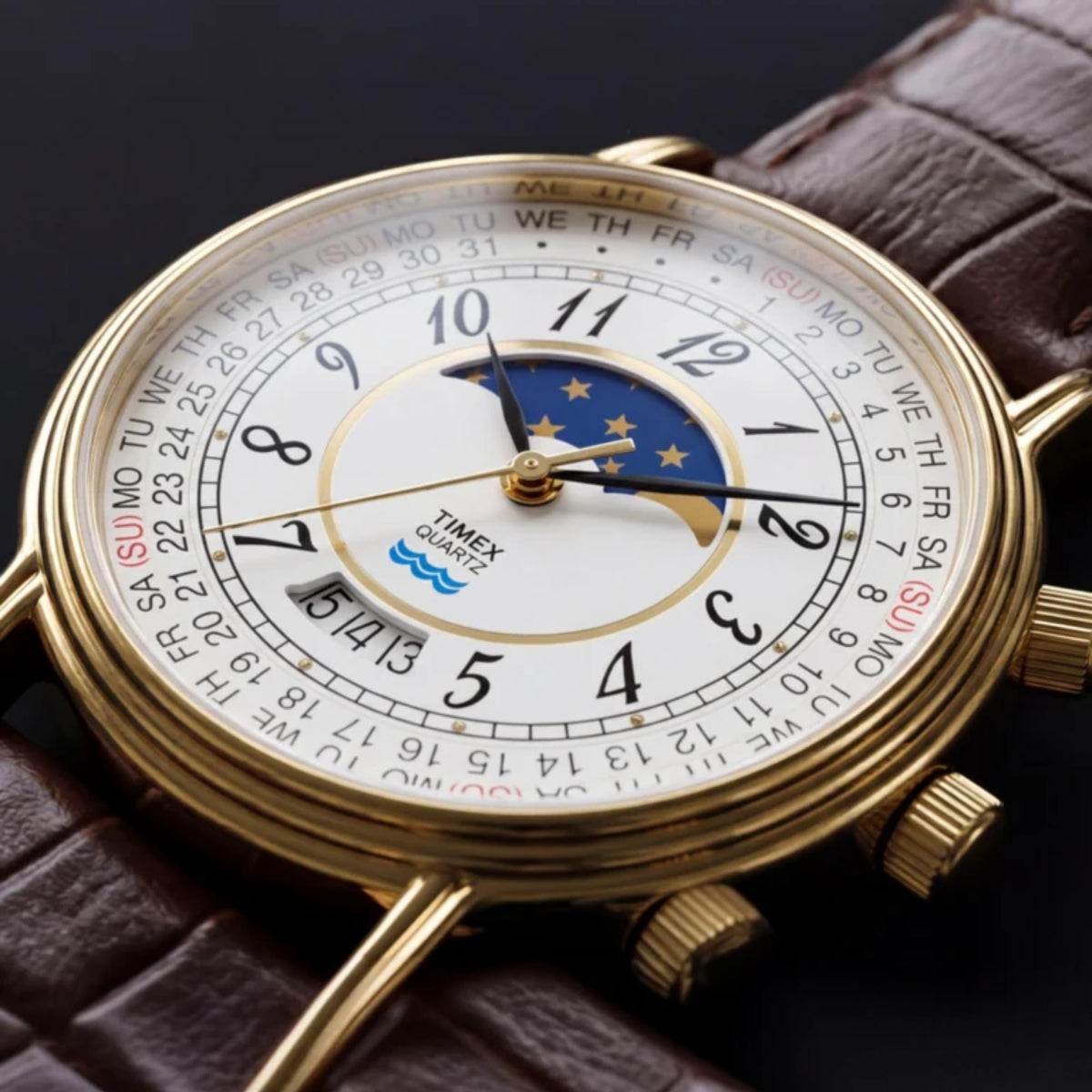 Timex Reissue 1990 Moon Phase 37mm White Dial Leather Mens Quartz Watch TW2Y99000