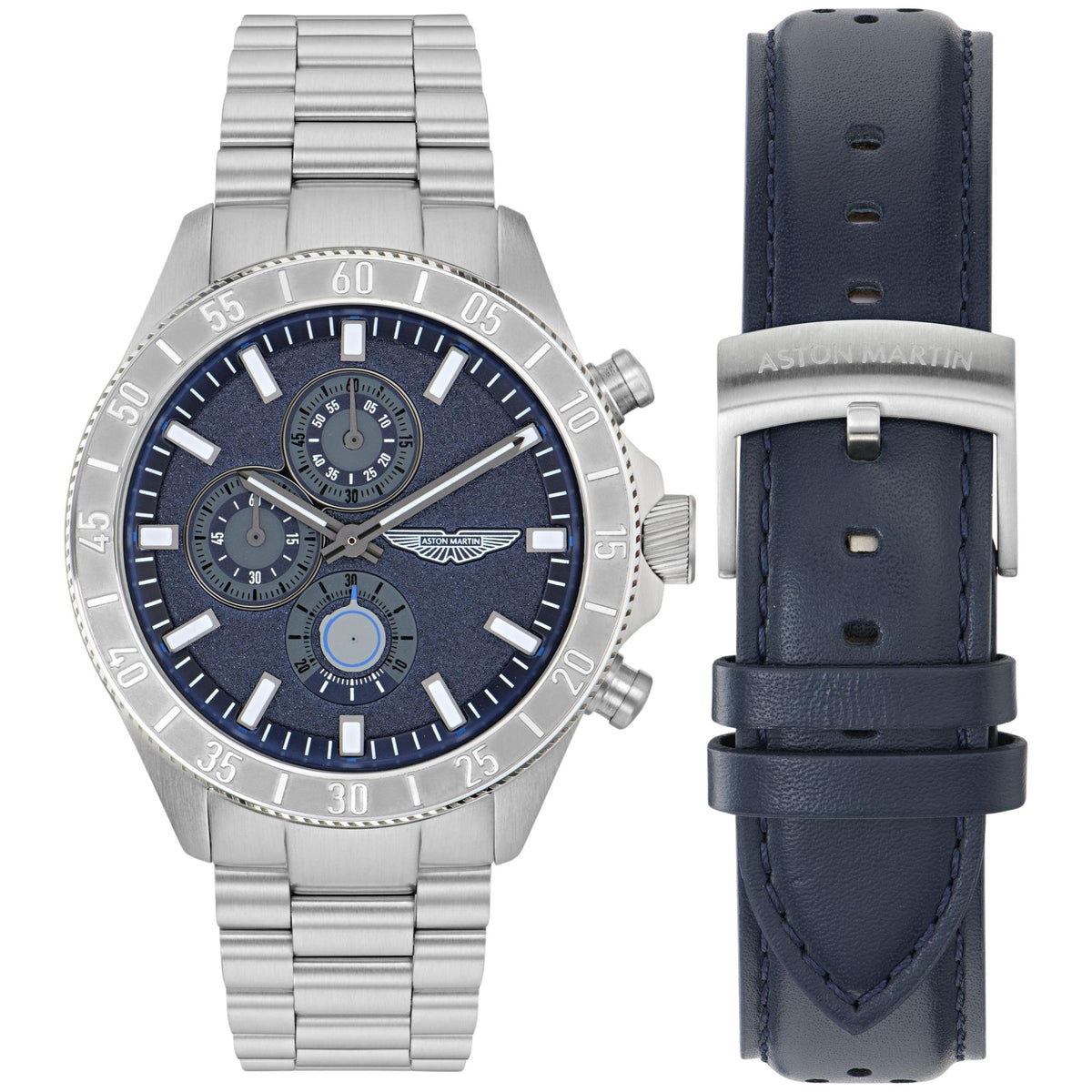 Aston Martin Icon SPT 44mm Chronograph Blue Dial Steel and Leather Mens Quartz Watch MTIS3F607