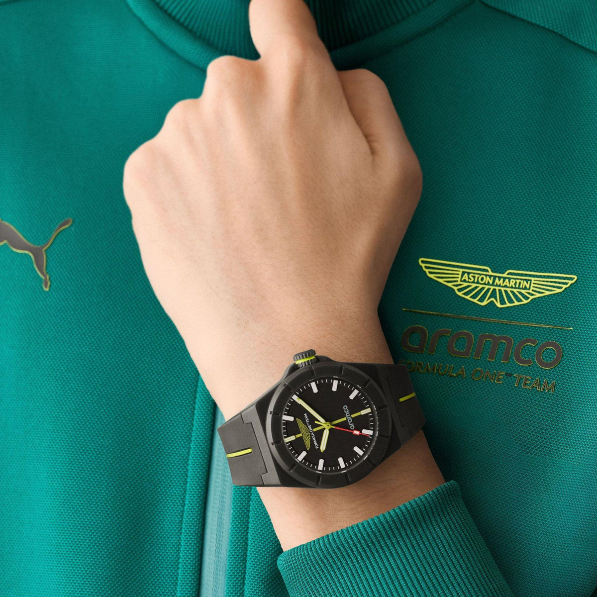 Aston Martin Aramco Formula One Team SHD 38mm Black Dial Silicone Mens Quartz Watch MTFH1F601