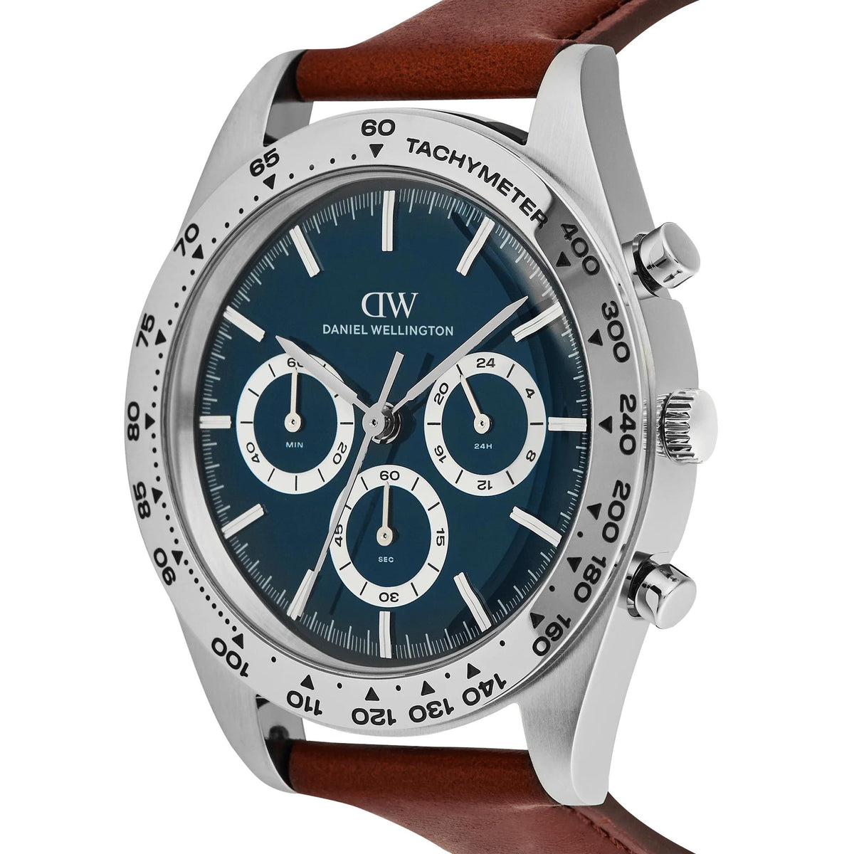 Daniel Wellington Iconic Tachymeter 42mm Chronograph Blue Dial Leather Mens Quartz Watch DW00100952