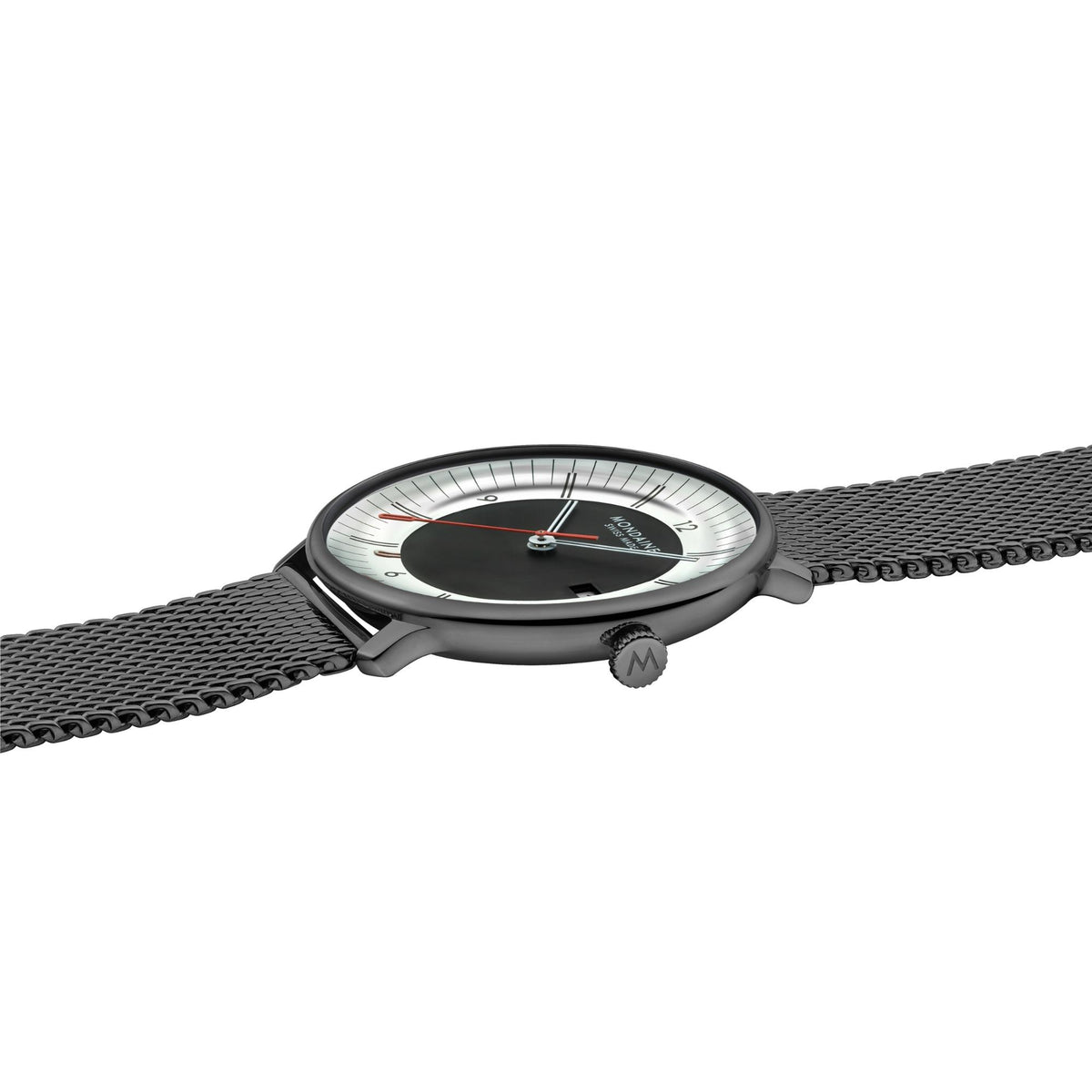 Mondaine Doppio Mirror MLE.41280.SM angled side view showcasing steel case profile, mesh strap, and branded crown