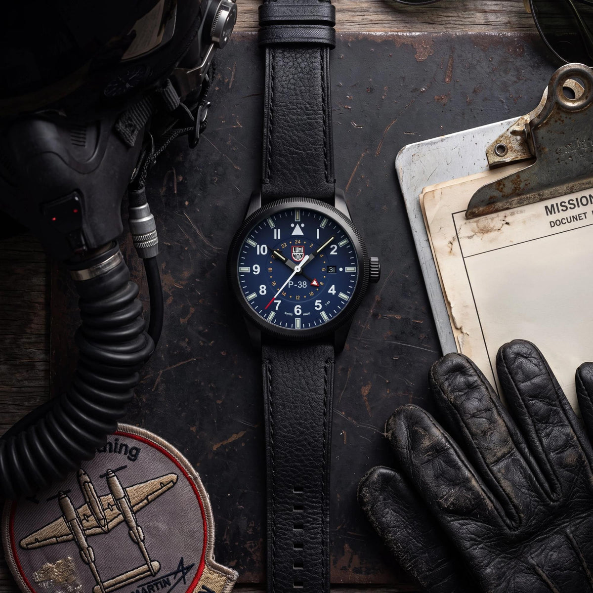 Luminox P-38 Lightning 'Air Pilot' 42mm GMT Blue Dial Leather Mens Quartz Watch XA.9523