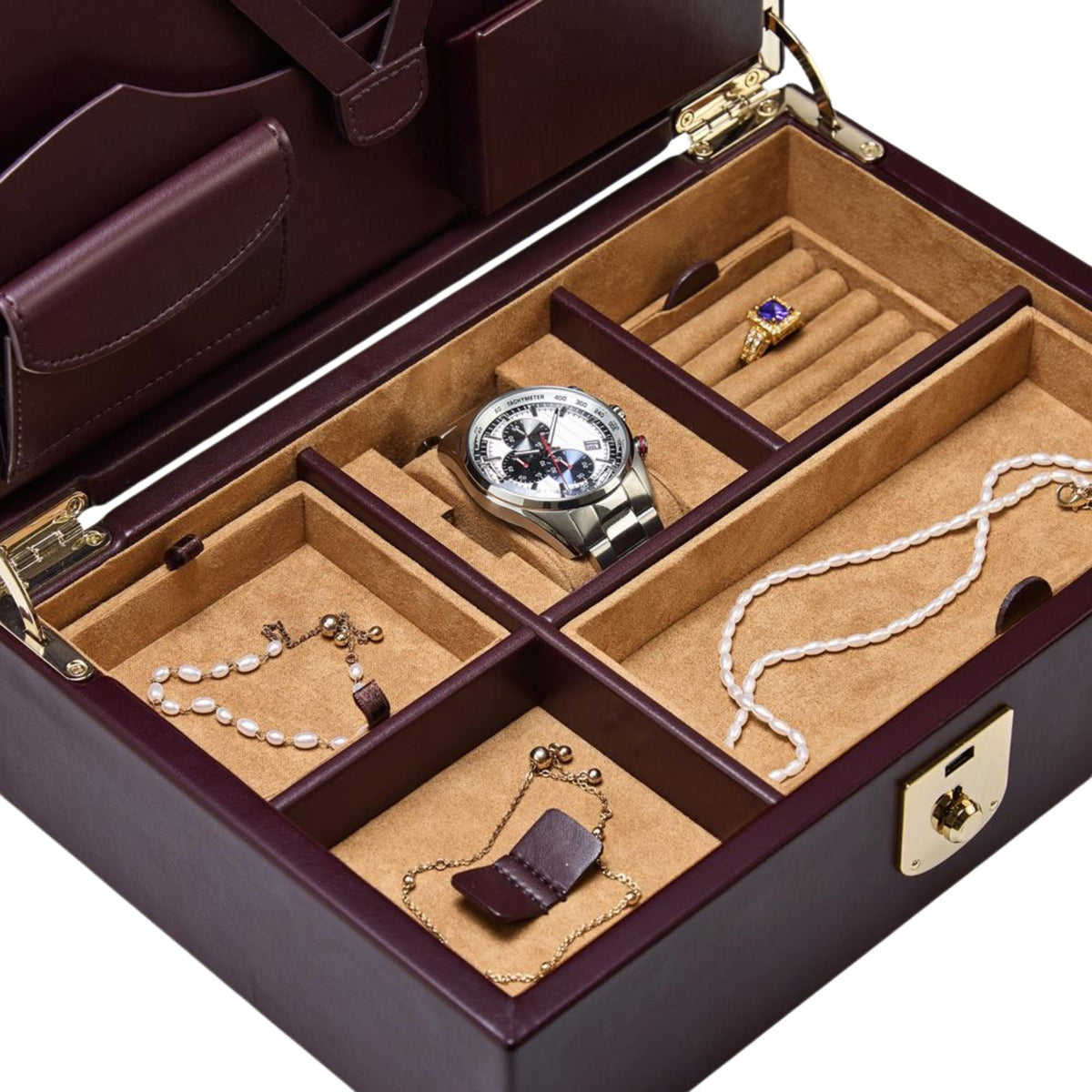 WOLF Philipp 190206 close-up interior view displaying storage compartments filled with watch, ring, and jewellery