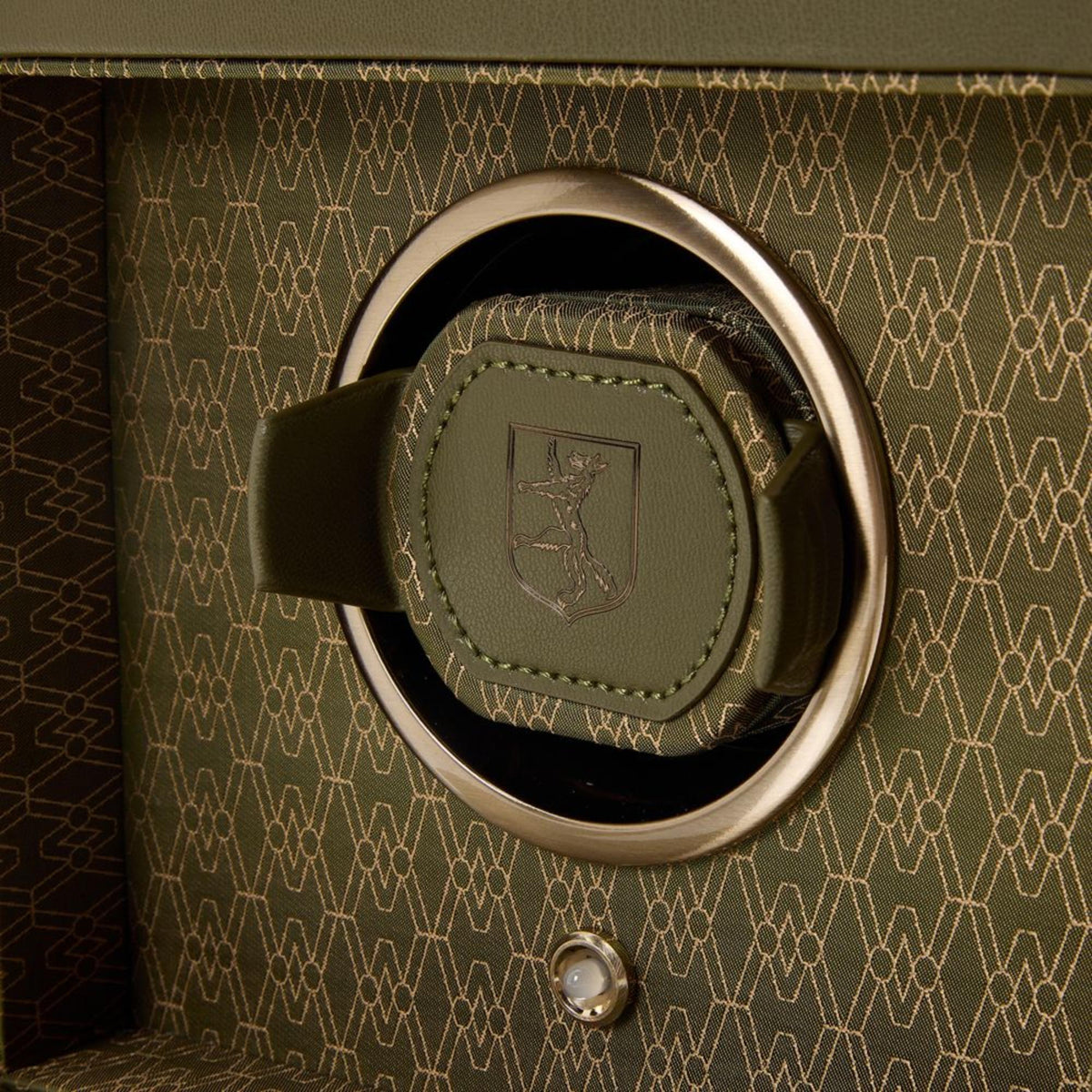 WOLF Earth 190th Anniversary 190441 close-up shot of winding drum module with debossed crest logo and patterned backdrop