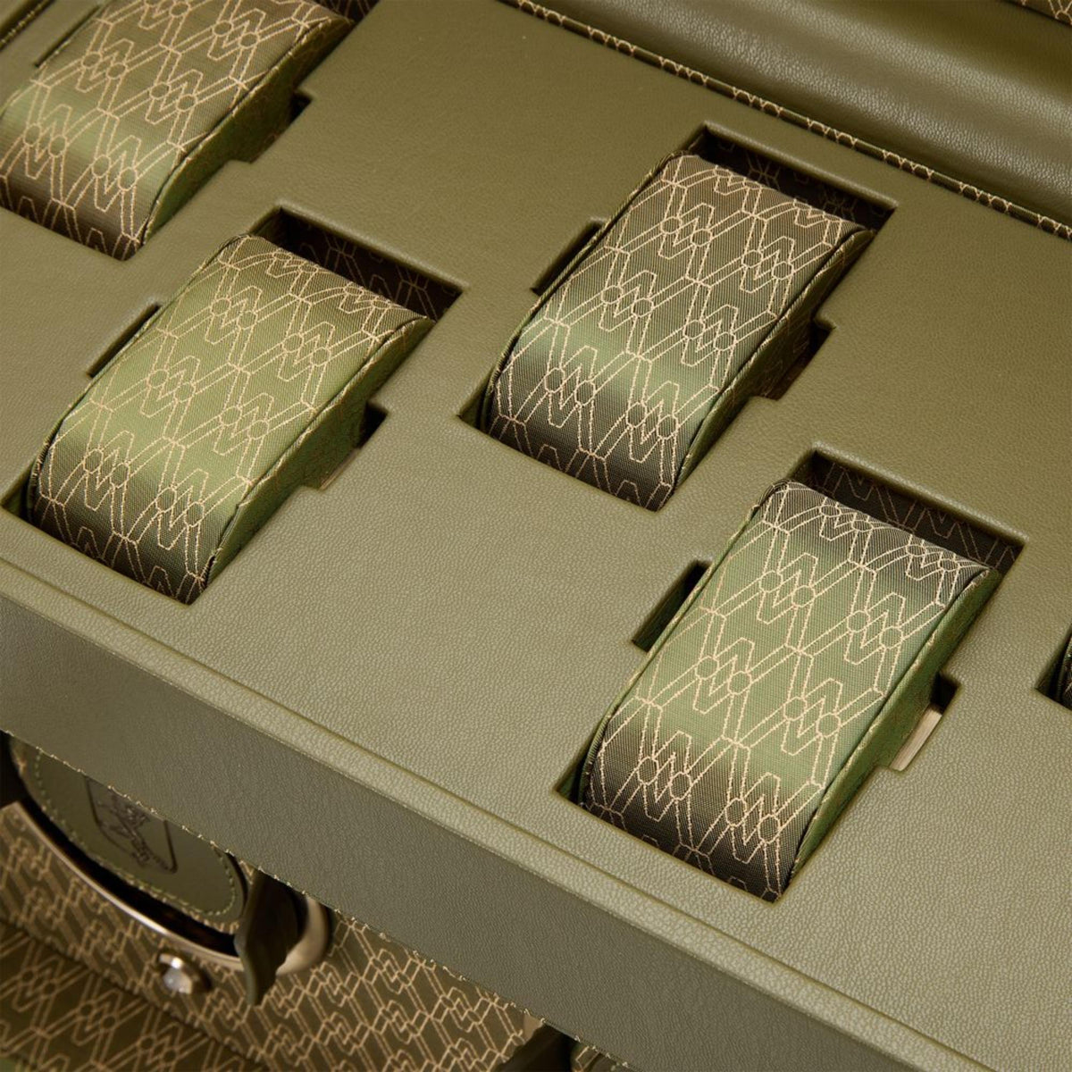 WOLF Earth 190th Anniversary 190541 close-up top view of interior storage compartment with patterned olive watch cushions