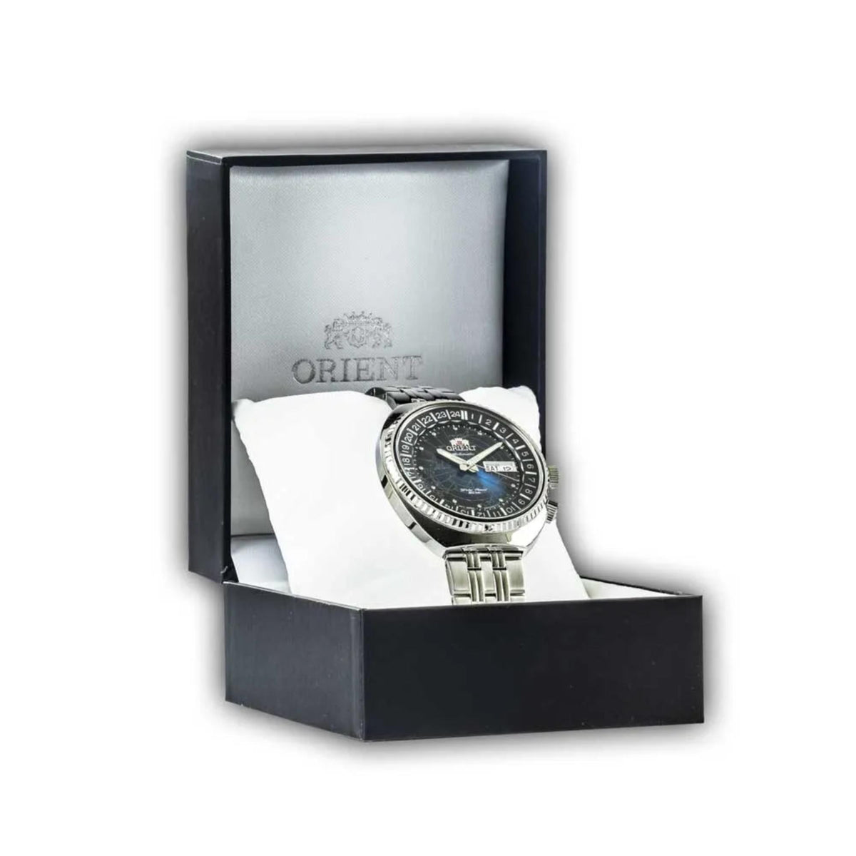 Orient World Map RA-AA0E03L39B front view of watch mounted inside official branded display box