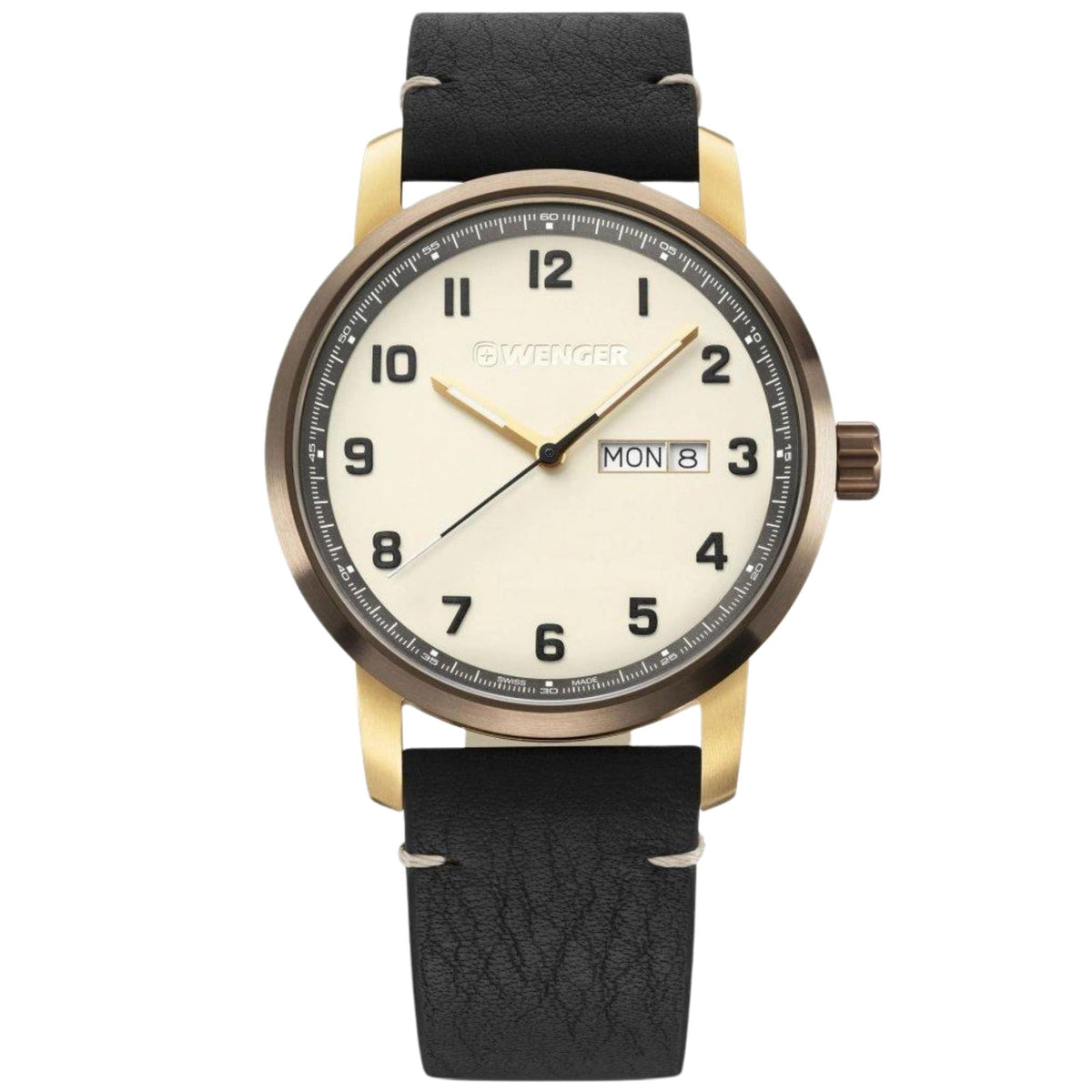 Wenger Attitude 01.1541.124 front view of 42mm cream dial mens quartz watch with yellow gold-tone steel case and leather strap