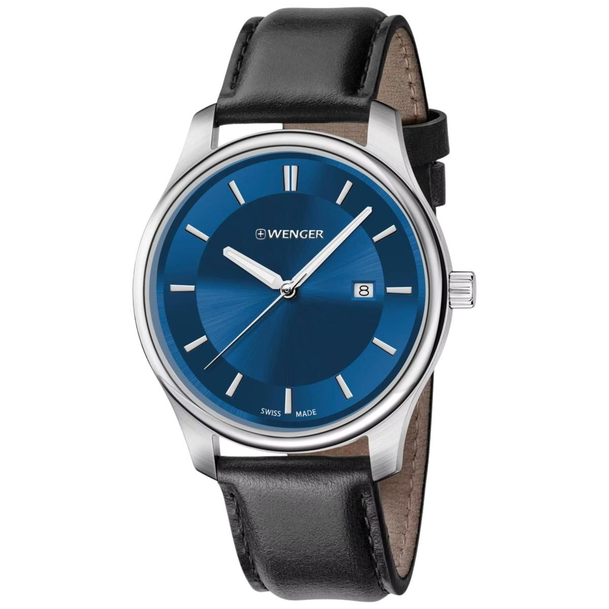 Wenger City Classic 01.1421.112 three-quarter view showing 34mm blue dial ladies quartz watch with steel case and leather strap