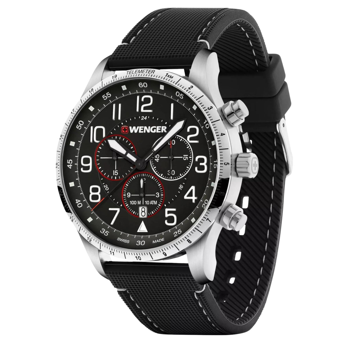 Wenger Attitude 01.1543.119 three-quarter perspective showing black dial face, sub-dials, steel case, and silicone strap
