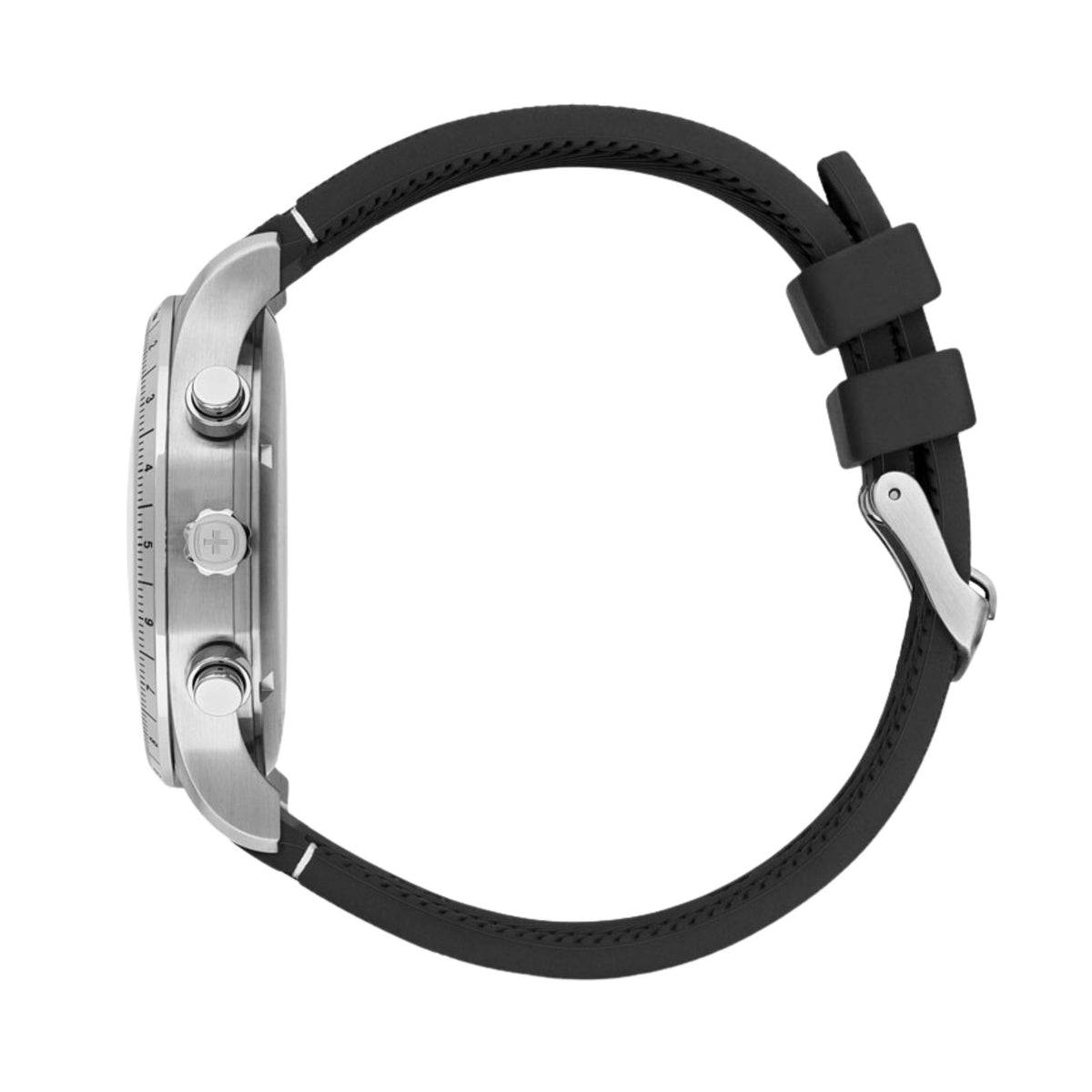 Wenger Attitude 01.1543.119 side profile view highlighting steel case edge, crown with logo, pushers, and silicone strap