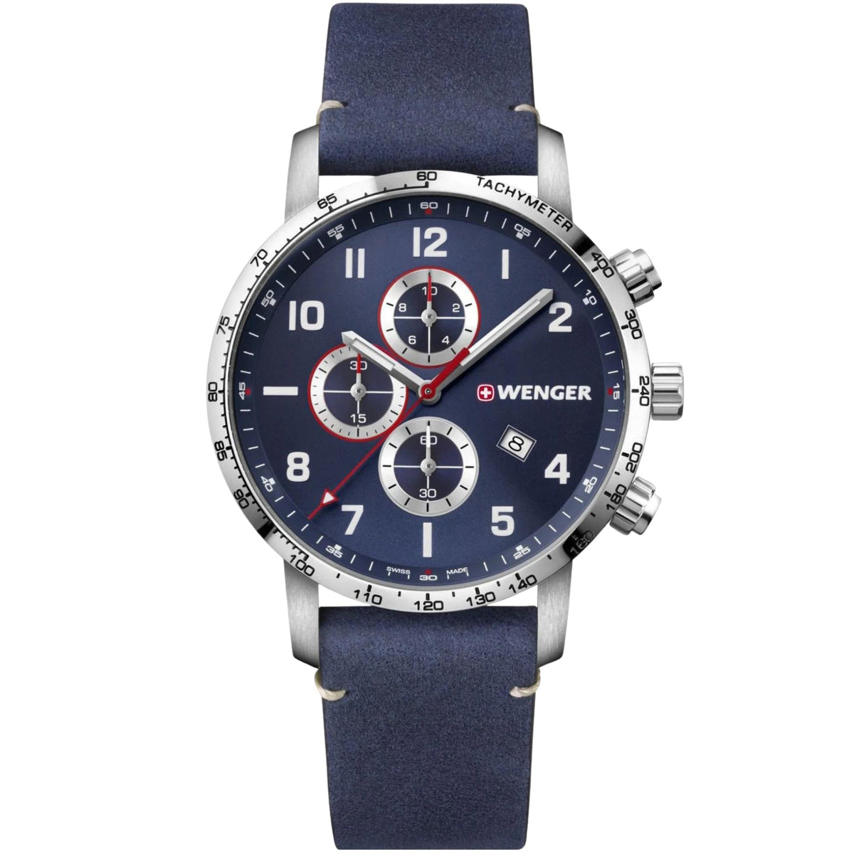 Wenger Attitude 01.1543.109 front view of 44mm chronograph blue dial mens quartz watch with tachymeter bezel and leather strap