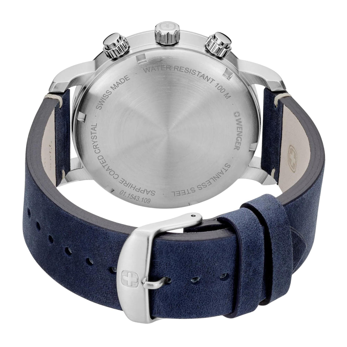Wenger Attitude 01.1543.109 back view displaying stainless steel case back, specifications, and leather strap pin buckle