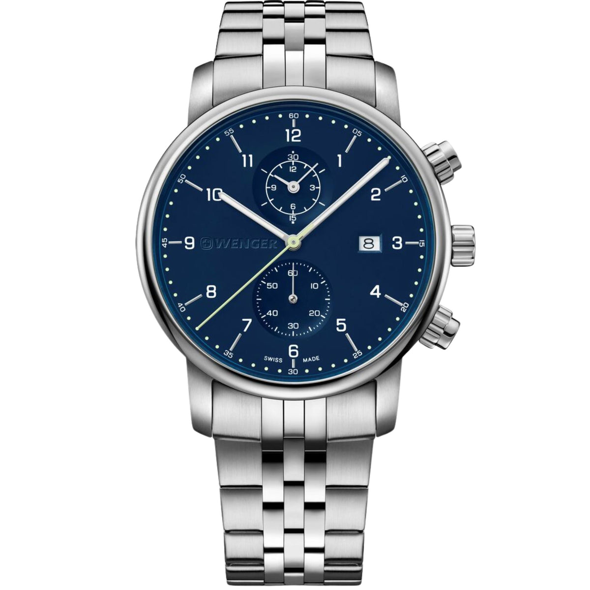 Wenger Urban Classic 01.1743.124 front view of 42mm chronograph blue dial mens quartz watch with steel bracelet