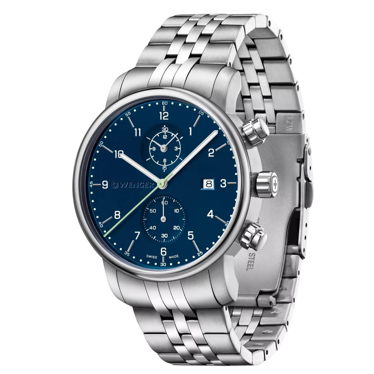 Wenger Urban Classic 01.1743.124 three-quarter view showing blue dial face, sub-dials, crown, and stainless steel bracelet
