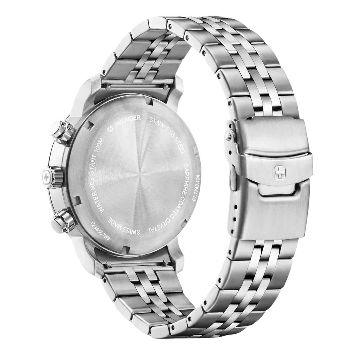 Wenger Urban Classic 01.1743.124 back view showing engraved stainless steel case back, pushers, and link bracelet clasp