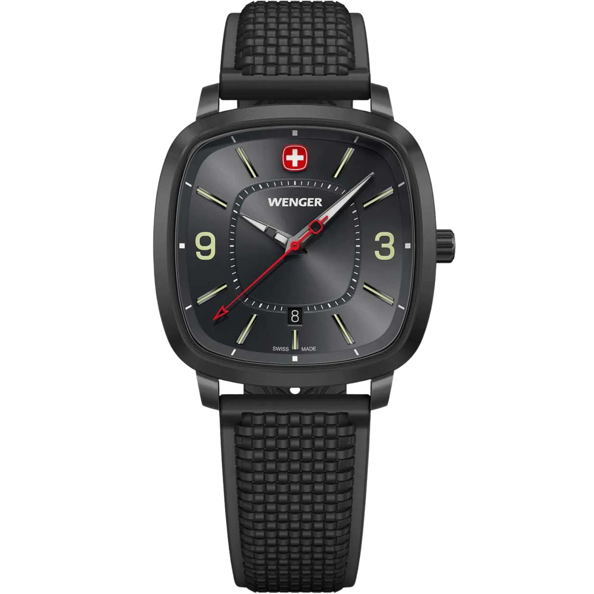 Wenger Vintage Sport 01.1921.113 front view of 37mm grey dial mens quartz watch with date aperture and silicone strap