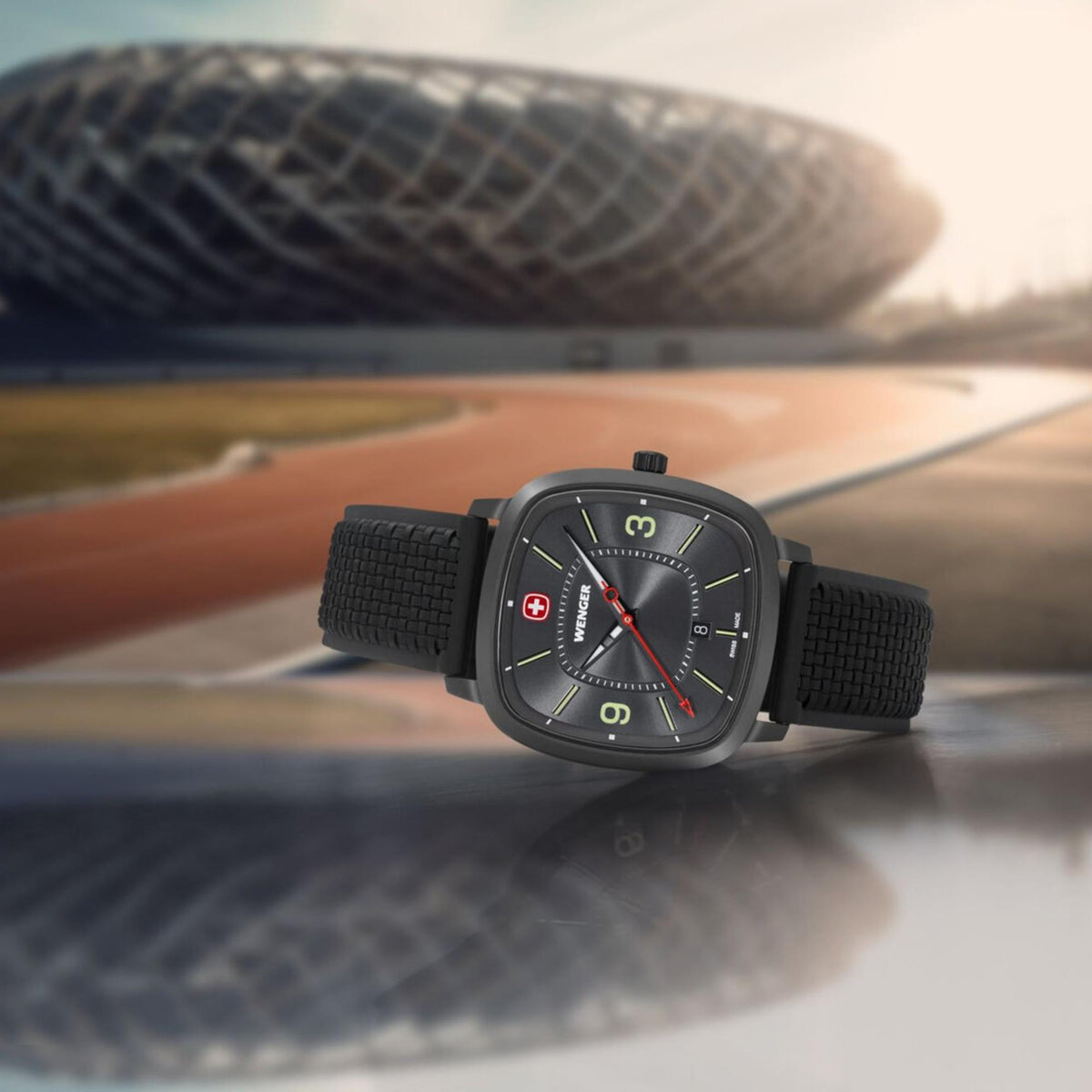 Wenger Vintage Sport 01.1921.113 angled perspective view displaying cushion grey dial face and textured silicone strap