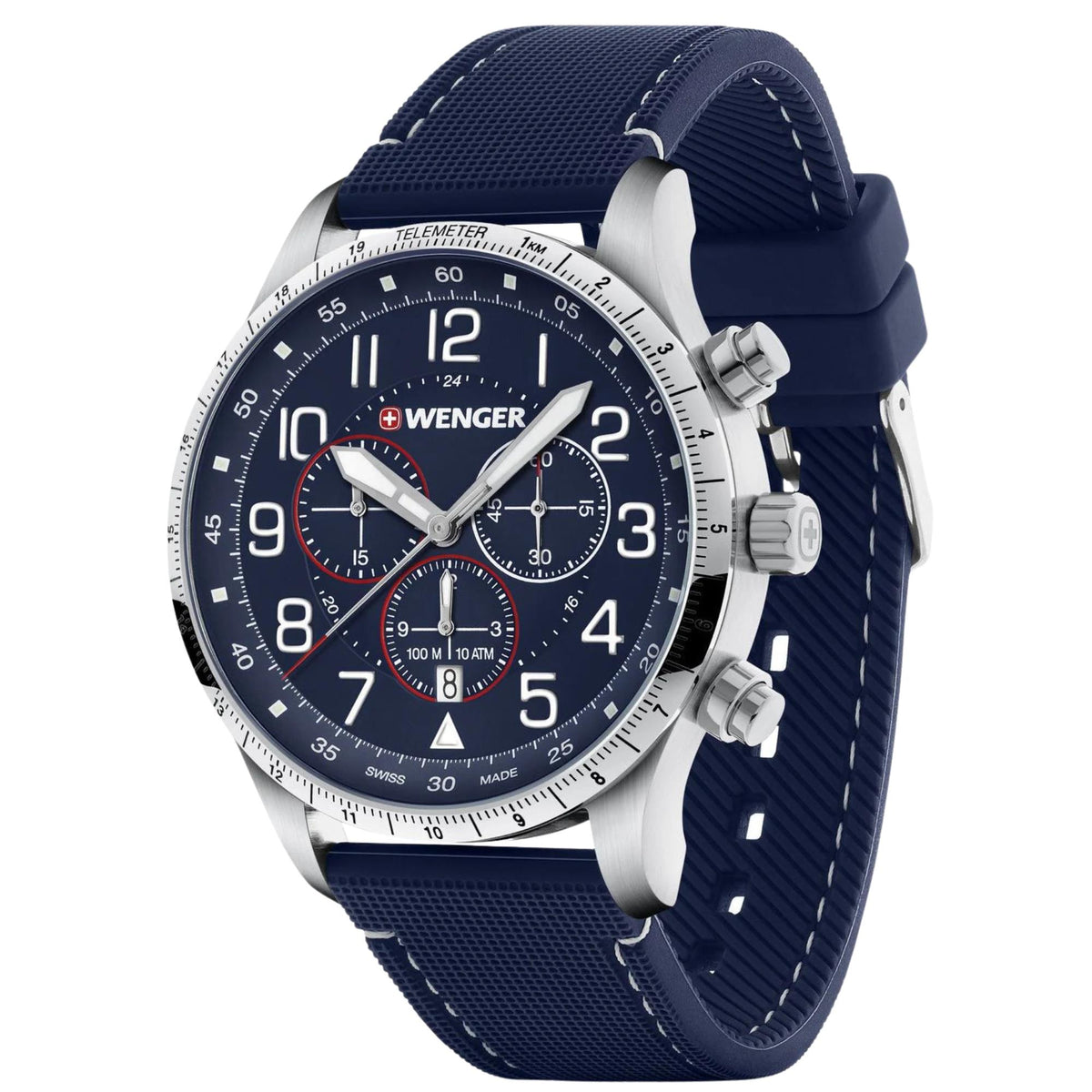 Wenger Attitude 01.1543.117 three-quarter perspective showing blue dial face, sub-dials, steel case, and silicone strap