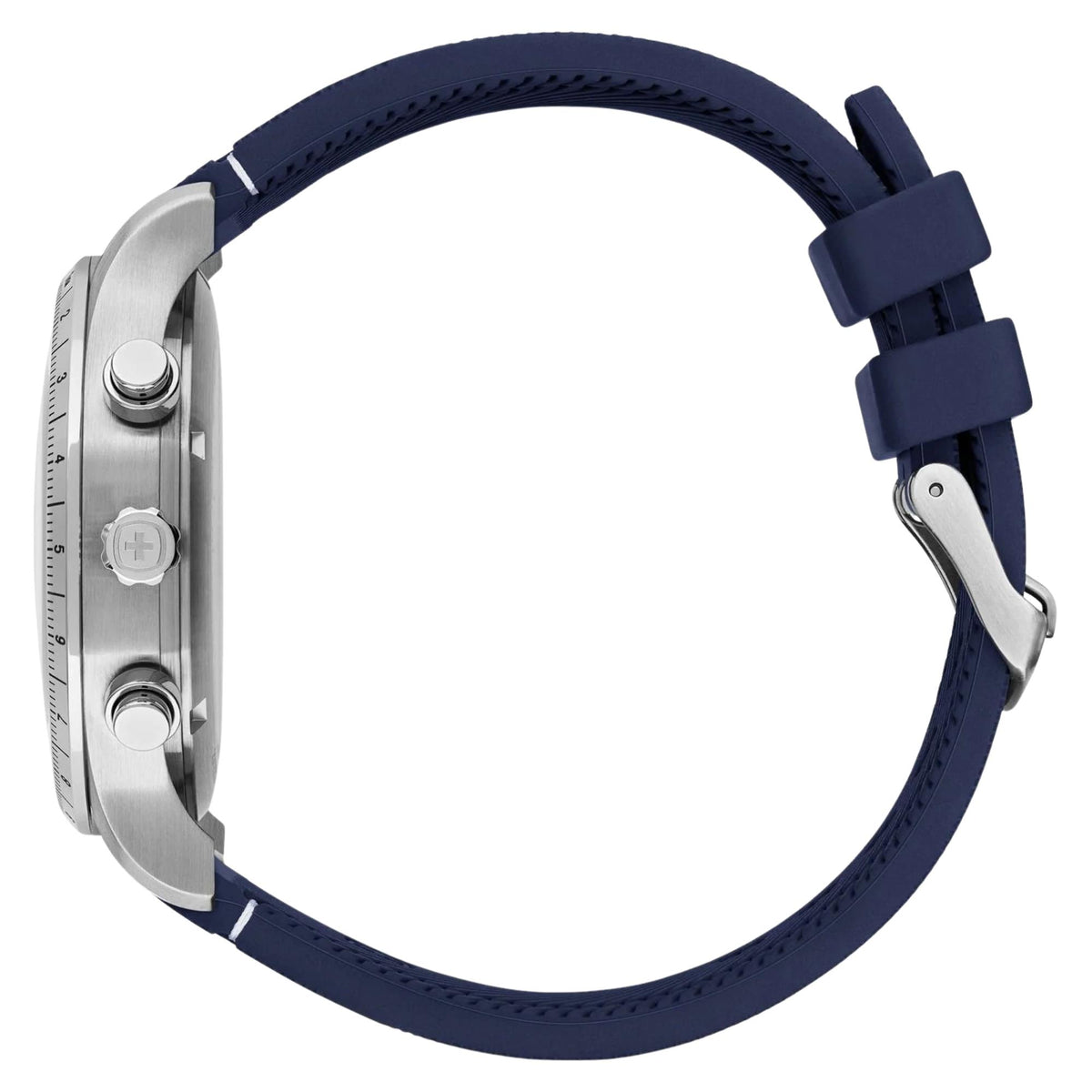 Wenger Attitude 01.1543.117 side profile view highlighting steel case edge, crown with logo, pushers, and silicone strap