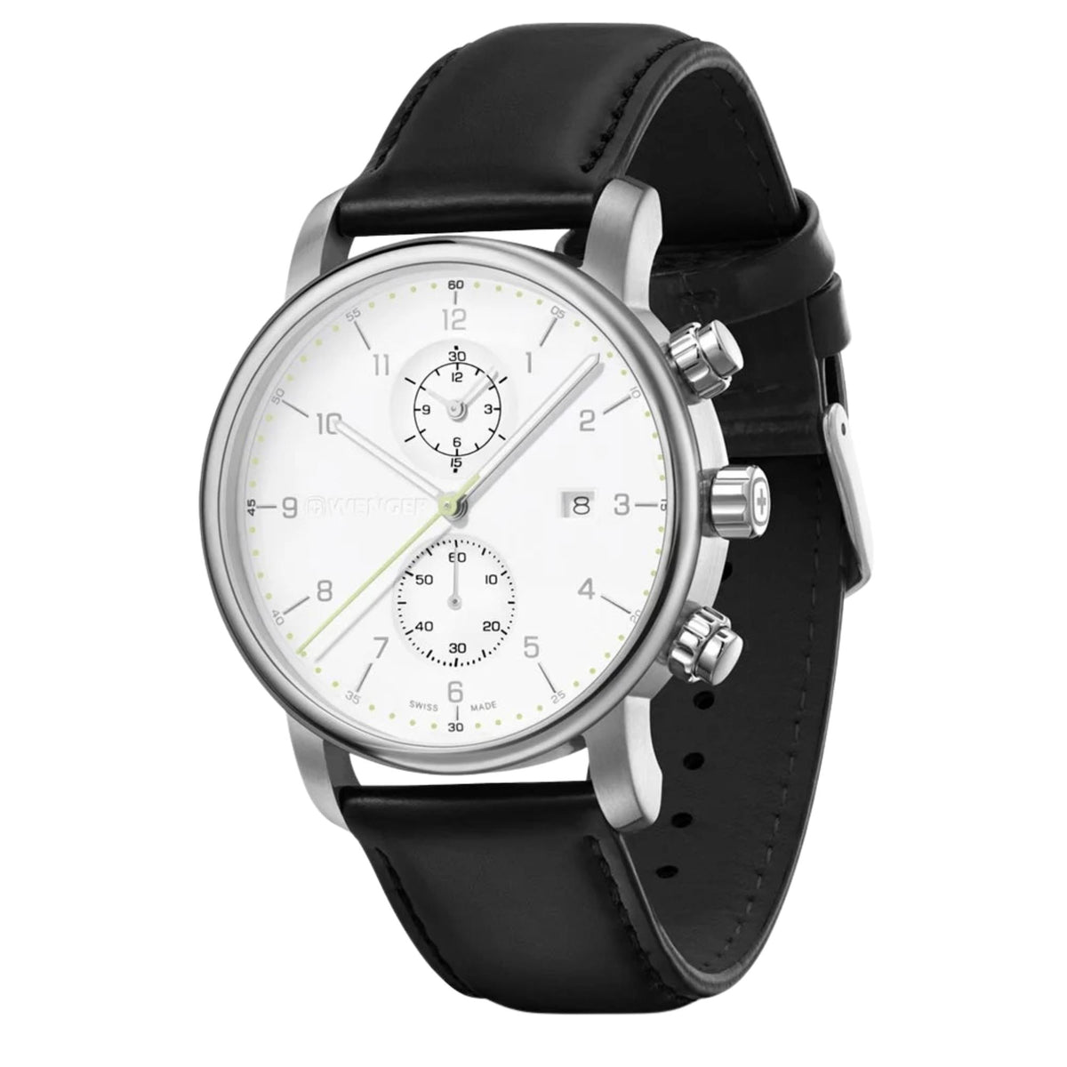 Wenger Urban Classic 01.1743.123 three-quarter view showing white dial face, sub-dials, steel case, and leather strap