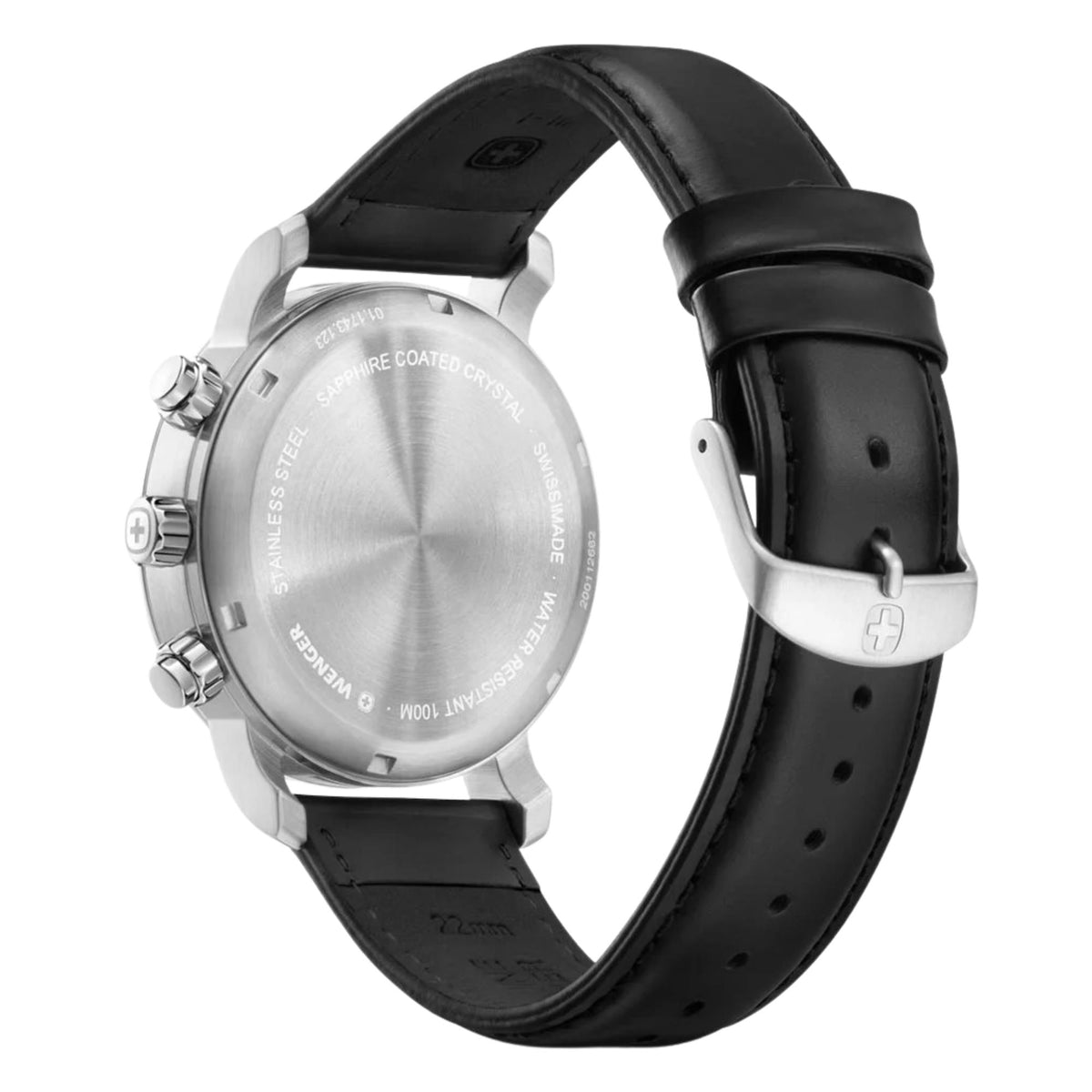 Wenger Urban Classic 01.1743.123 back view displaying stainless steel case back, pushers, and leather strap pin buckle