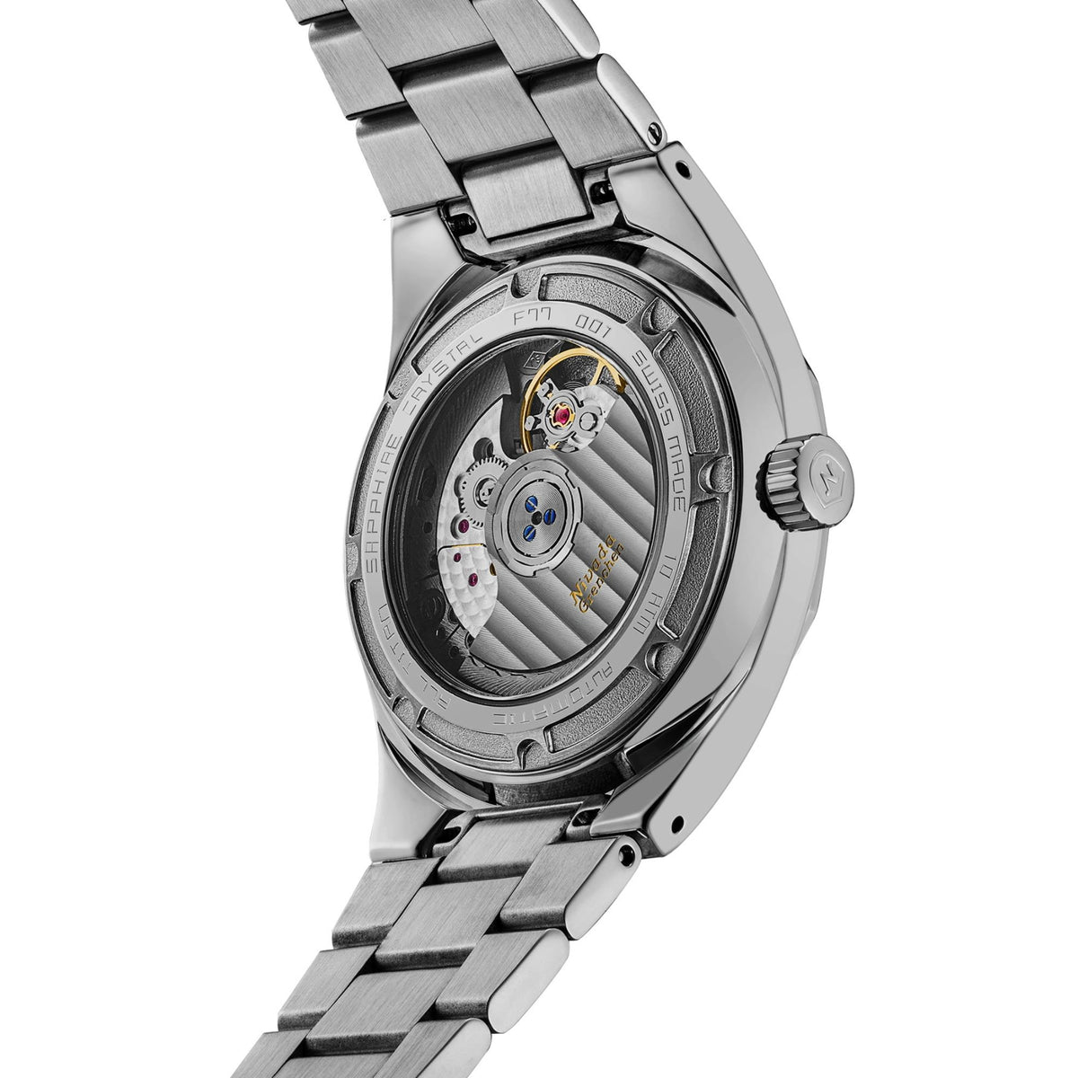 Nivada Grenchen F77 MK2 68052A77 back case view revealing transparent exhibition window and Swiss automatic rotor movement