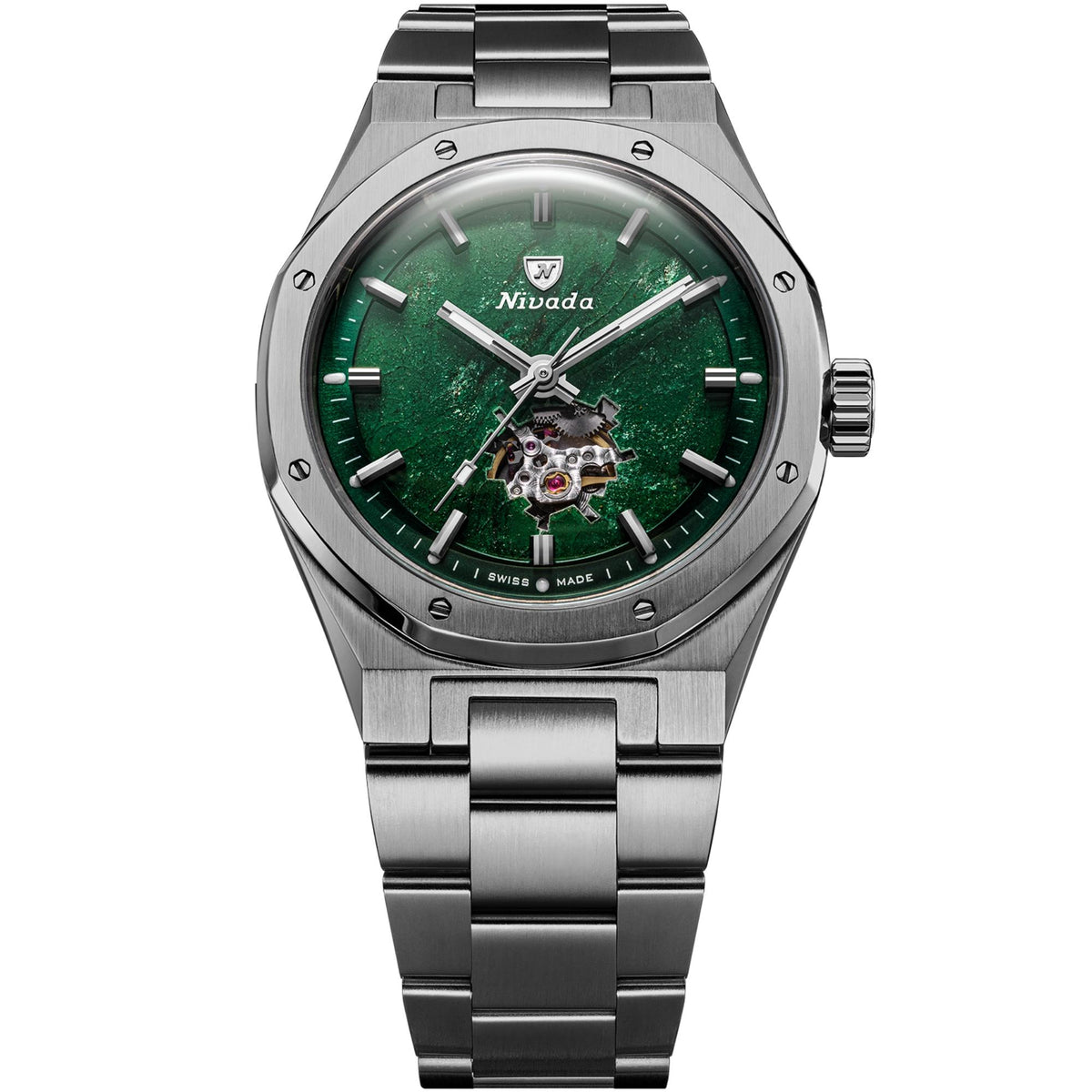 Nivada Grenchen F77 MK2 68051A77 full front view of green aventurine dial with open heart display and titanium bracelet