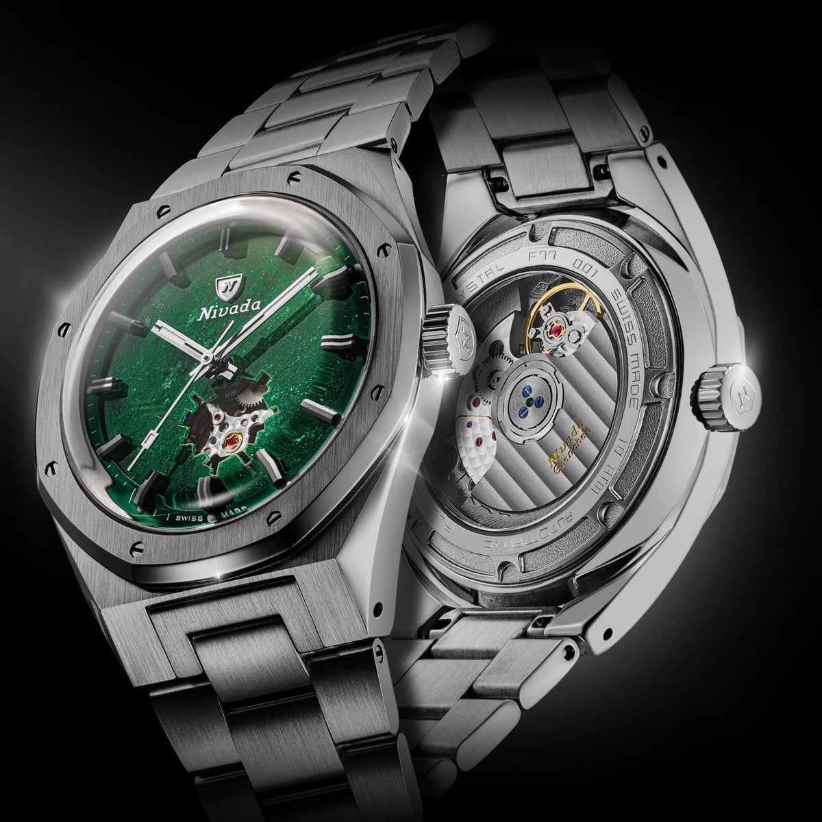 Nivada Grenchen F77 MK2 68051A77 dual shot illustrating both the front green open heart dial and transparent sapphire case back