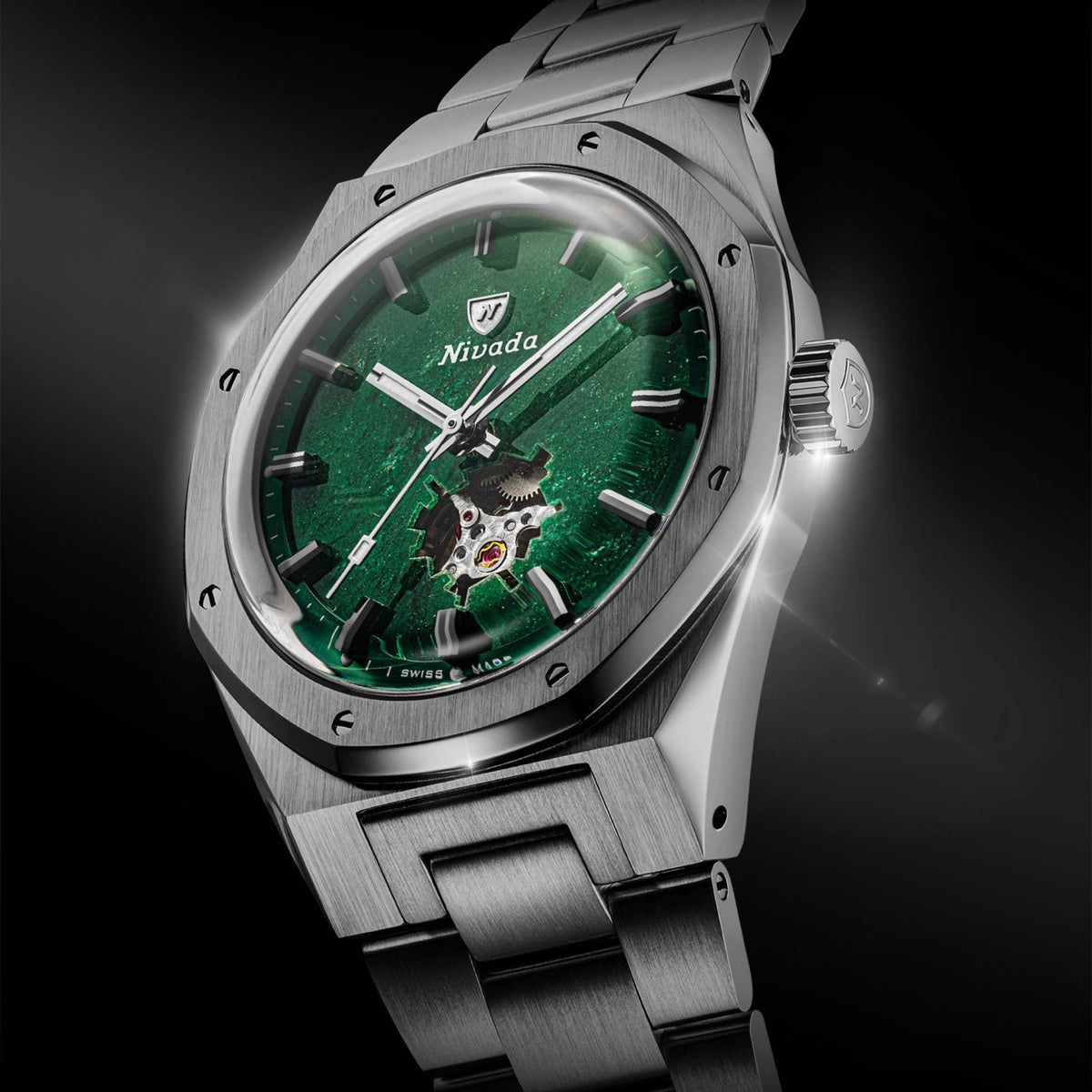 Nivada Grenchen F77 MK2 68051A77 angled profile displaying titanium case finish, octagonal bezel screws, and knurled crown