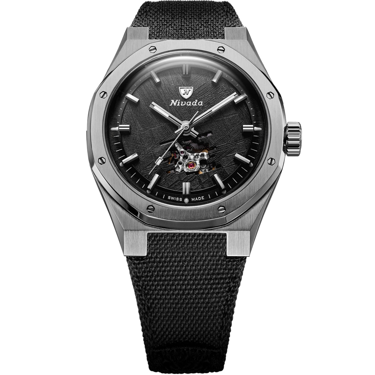 Nivada Grenchen F77 MK2 68052A77-BC full front view showing open heart meteorite dial, titanium case, and black canvas strap