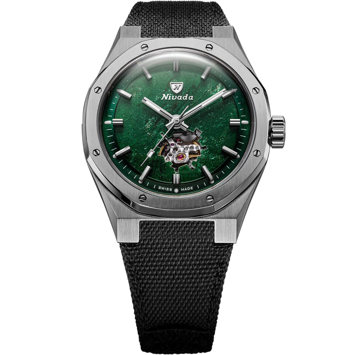Nivada Grenchen F77 MK2 68051A77-BC full front view featuring green aventurine open heart dial, titanium case, and black canvas strap