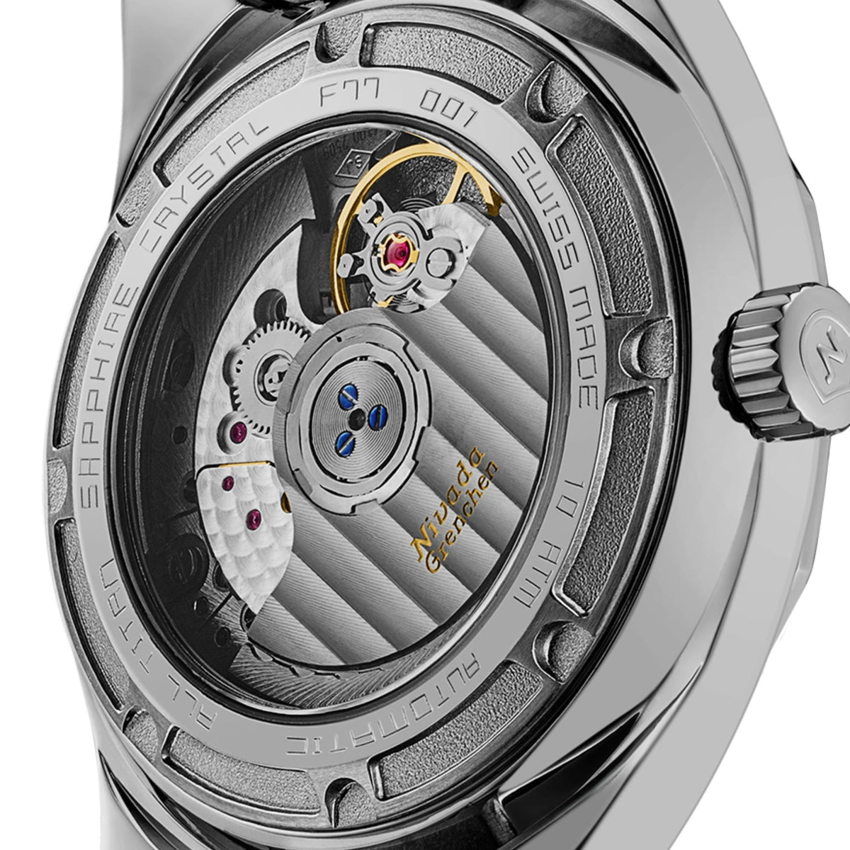 Nivada Grenchen F77 MK2 68051A77-BC close-up perspective of transparent sapphire case back highlighting automatic Swiss caliber movement