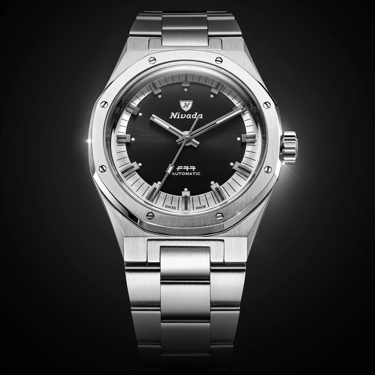 Nivada Grenchen F77 MK2 38mm Tuxedo Dial Steel Mens Automatic Watch 68063A77