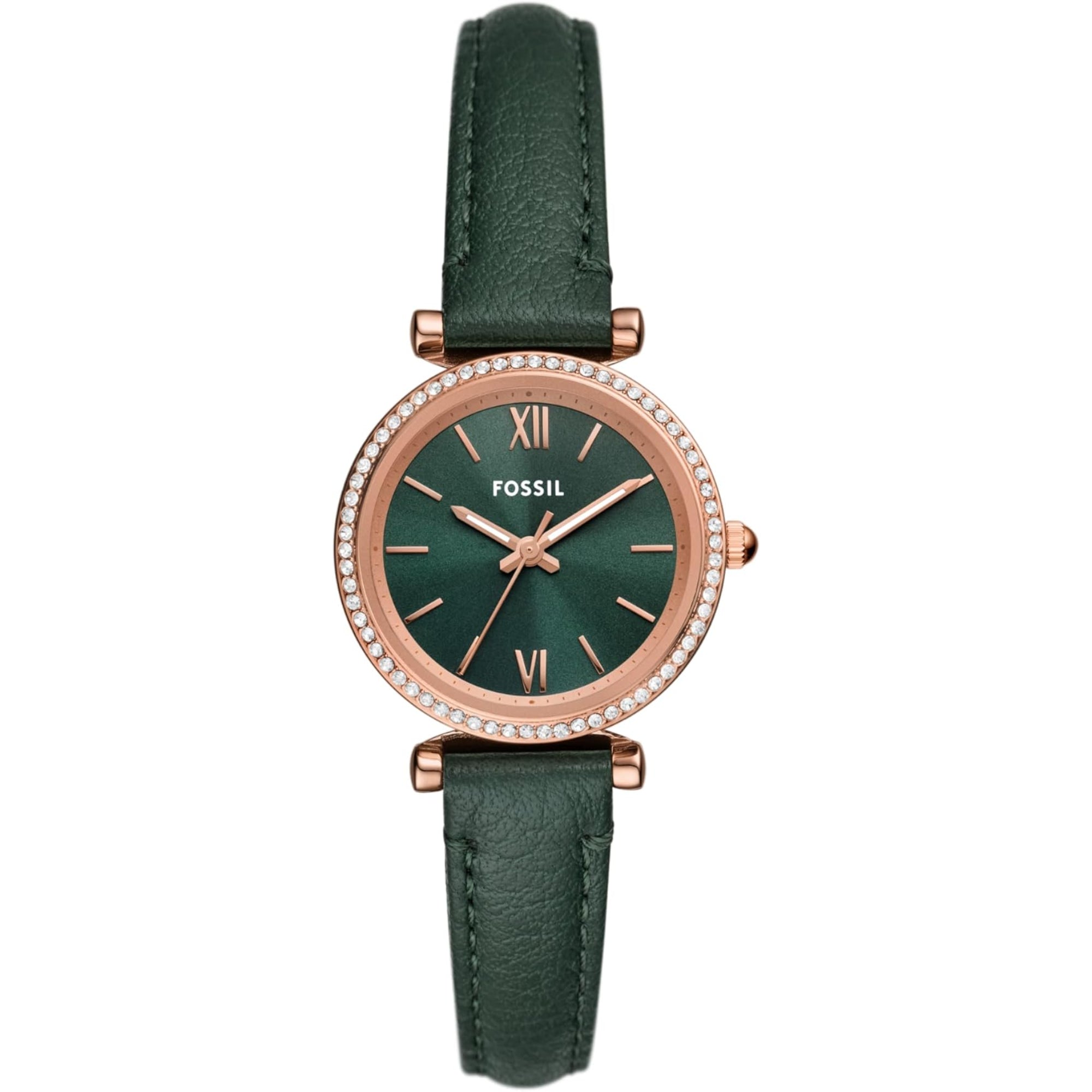 Fossil Carlie 28mm Grünes Zifferblatt Leder Damen Quarz Uhr ES5370