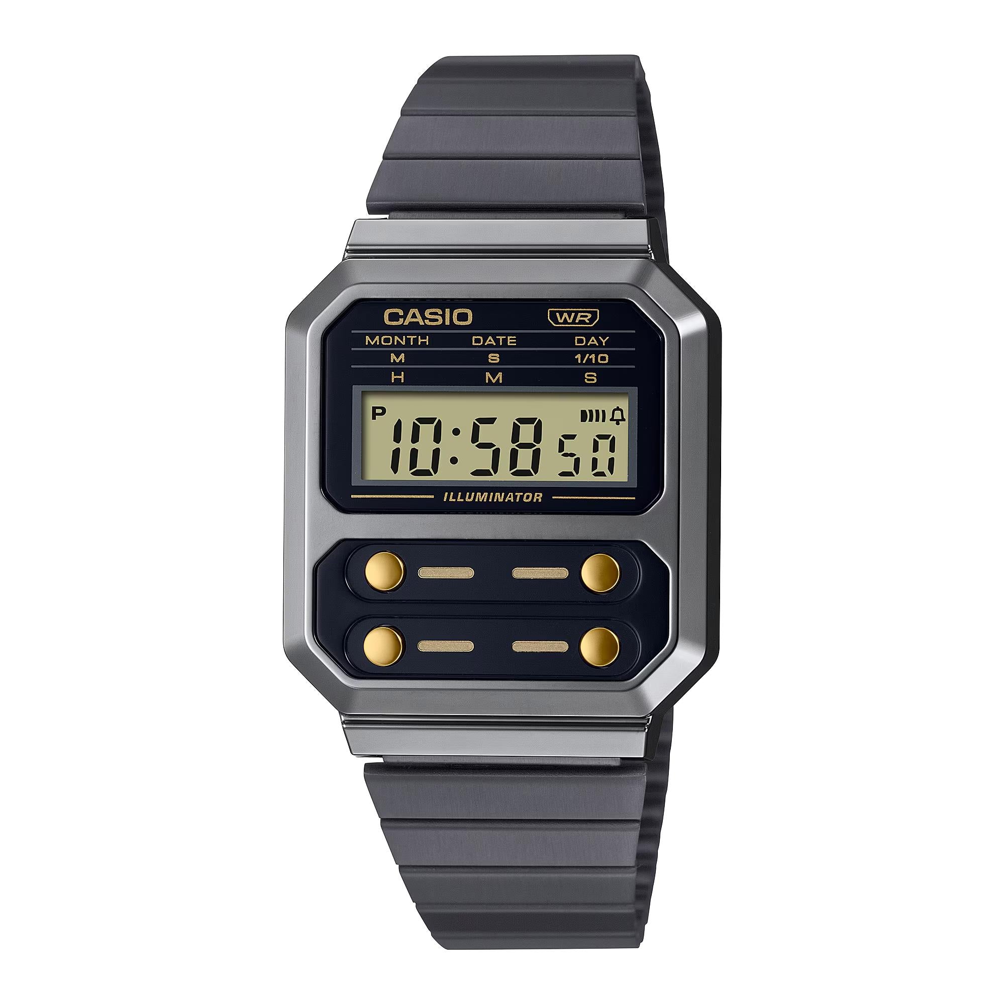 Casio Collection Vintage Edgy Quarz Digital Schwarz/Gunmetal Grau IP-beschichtete Stahl Uhr A100WEGG-1A2EF