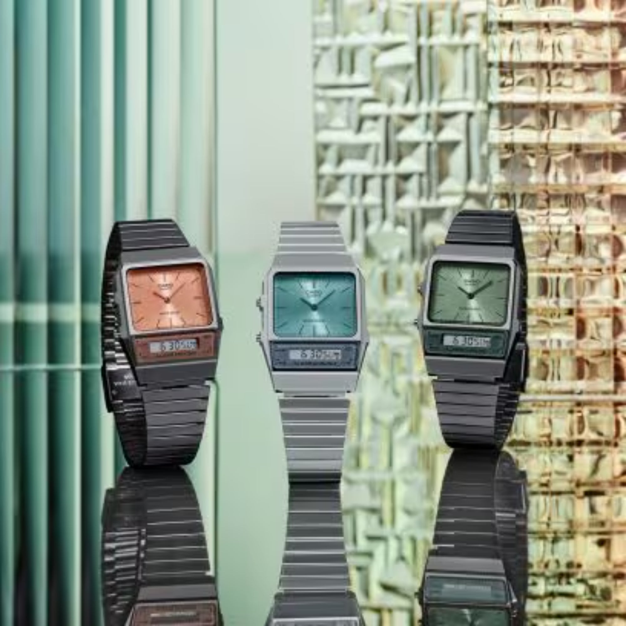 Casio Vintage Edgy Turquoise Dial Steel Strap Watch AQ-800EC-2AEF