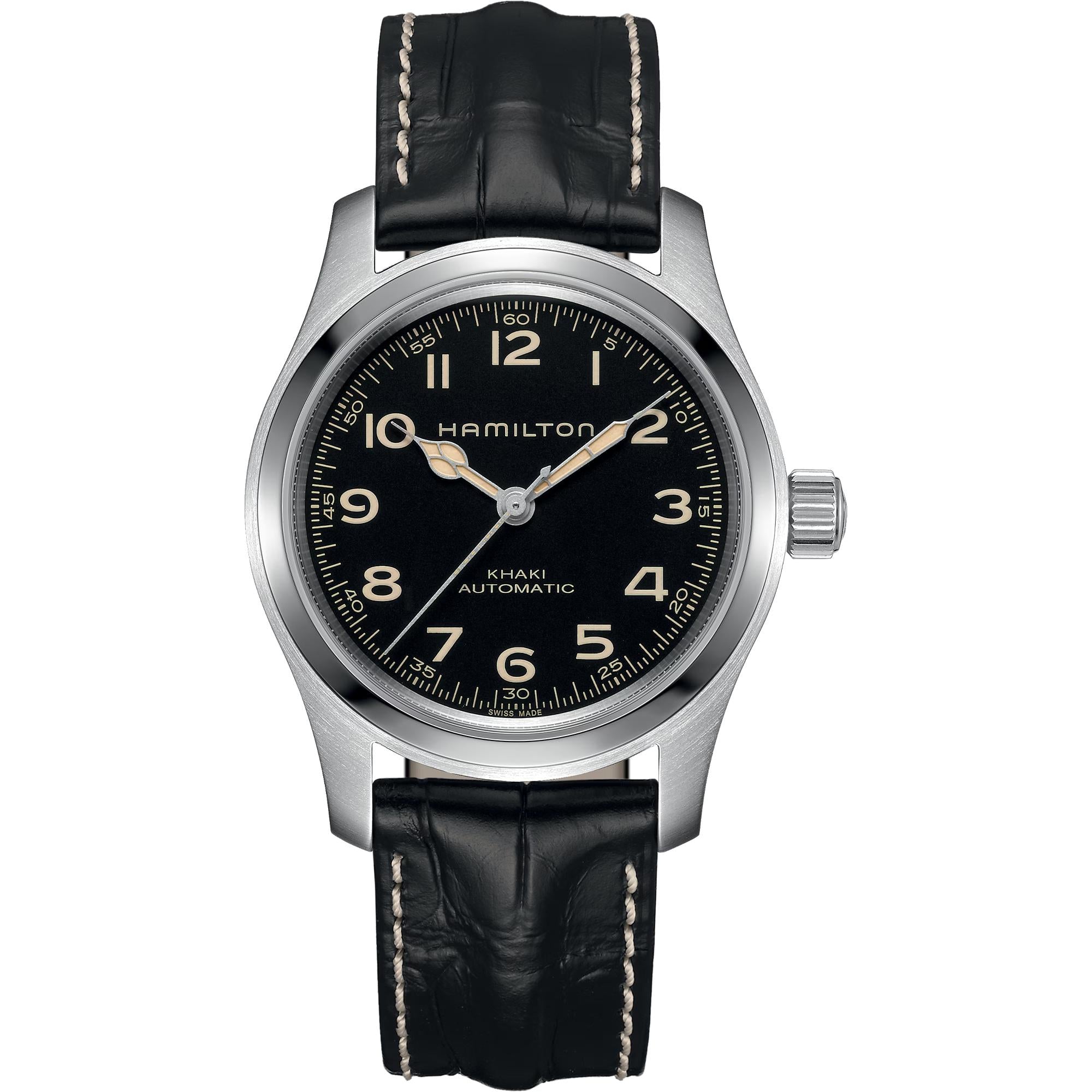 Hamilton Khaki Field Murph automatic black dial black leather strap men's watch H70605731 front view