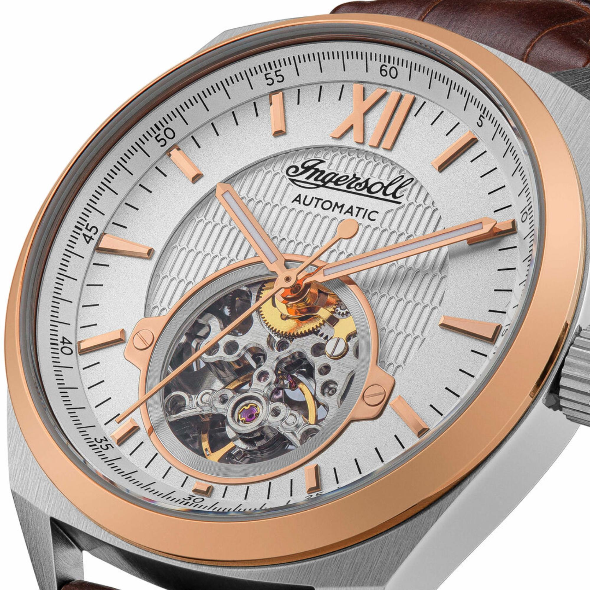 Ingersoll The Shelby Herren Automatik Uhr mit Weißem Open Heart Zifferblatt und Braunem Lederarmband I10901B