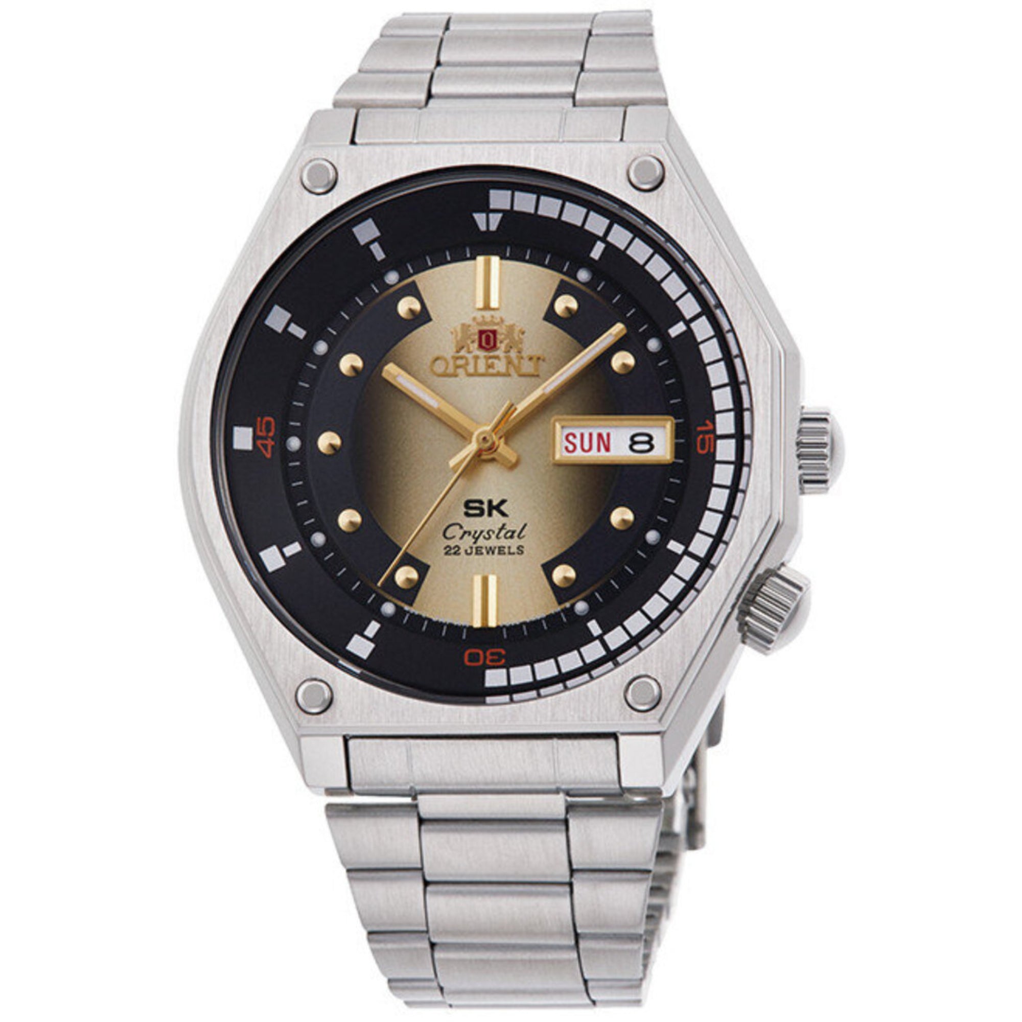 Orient Neo 70s RA-AA0B01G39B gold dial with retro indices close-up