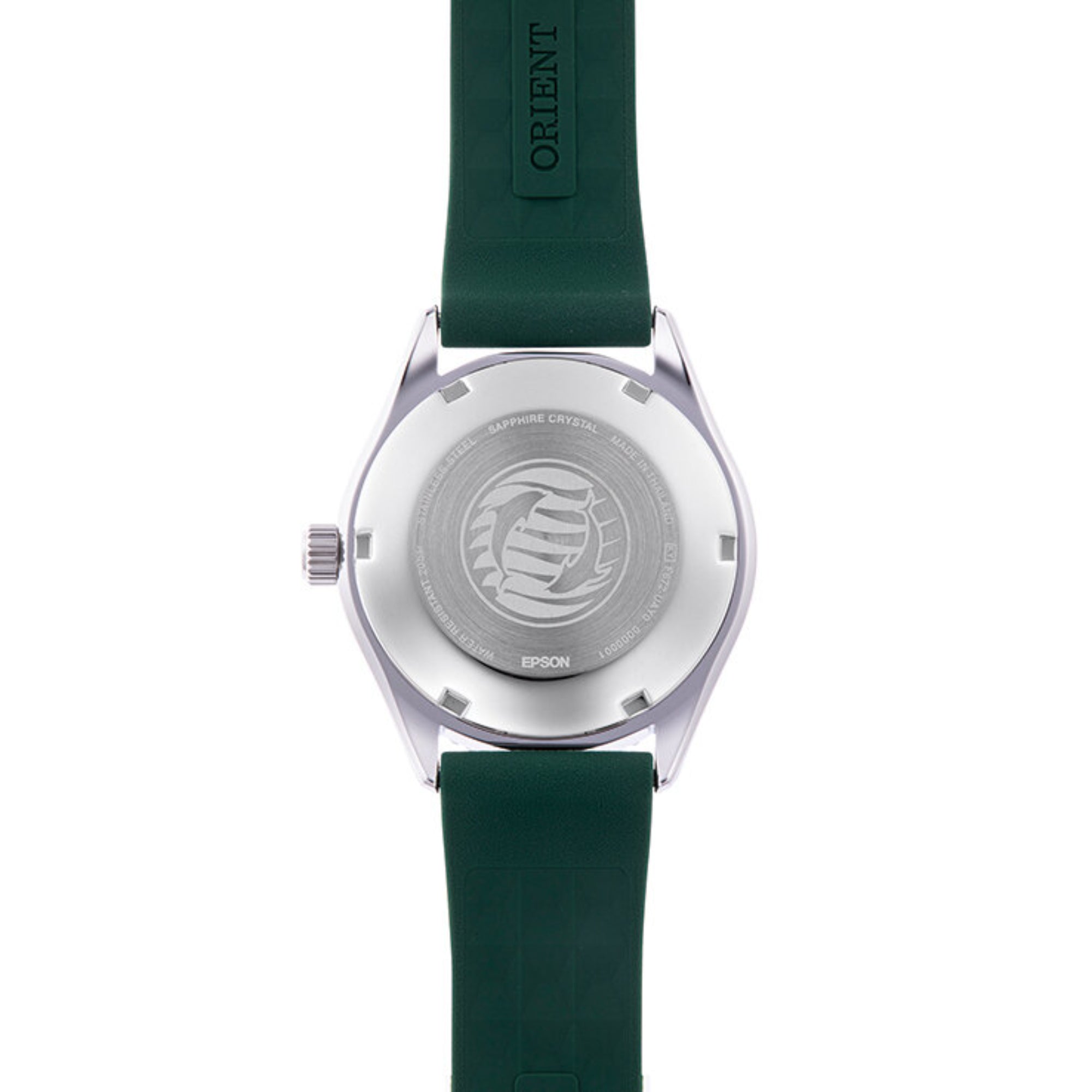 Orient Mako RA-AC0Q11E30B green rubber strap detail