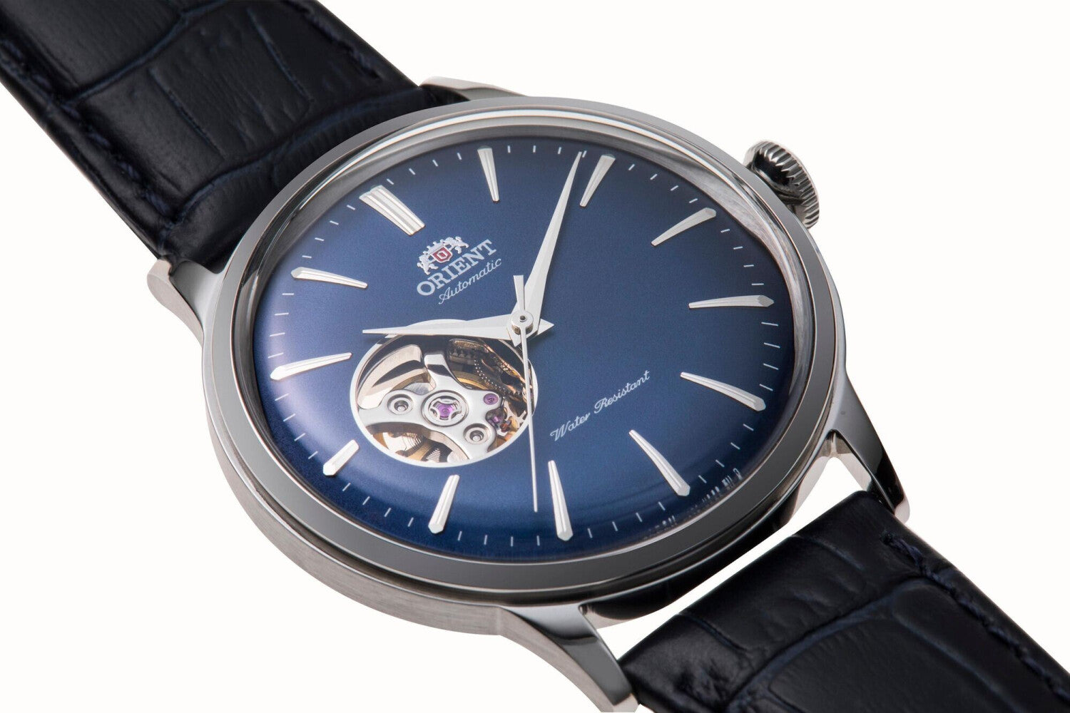 Orient Bambino 41mm Open Heart Blue Dial Leather Mens Automatic Watch RA-AG0005L10B
