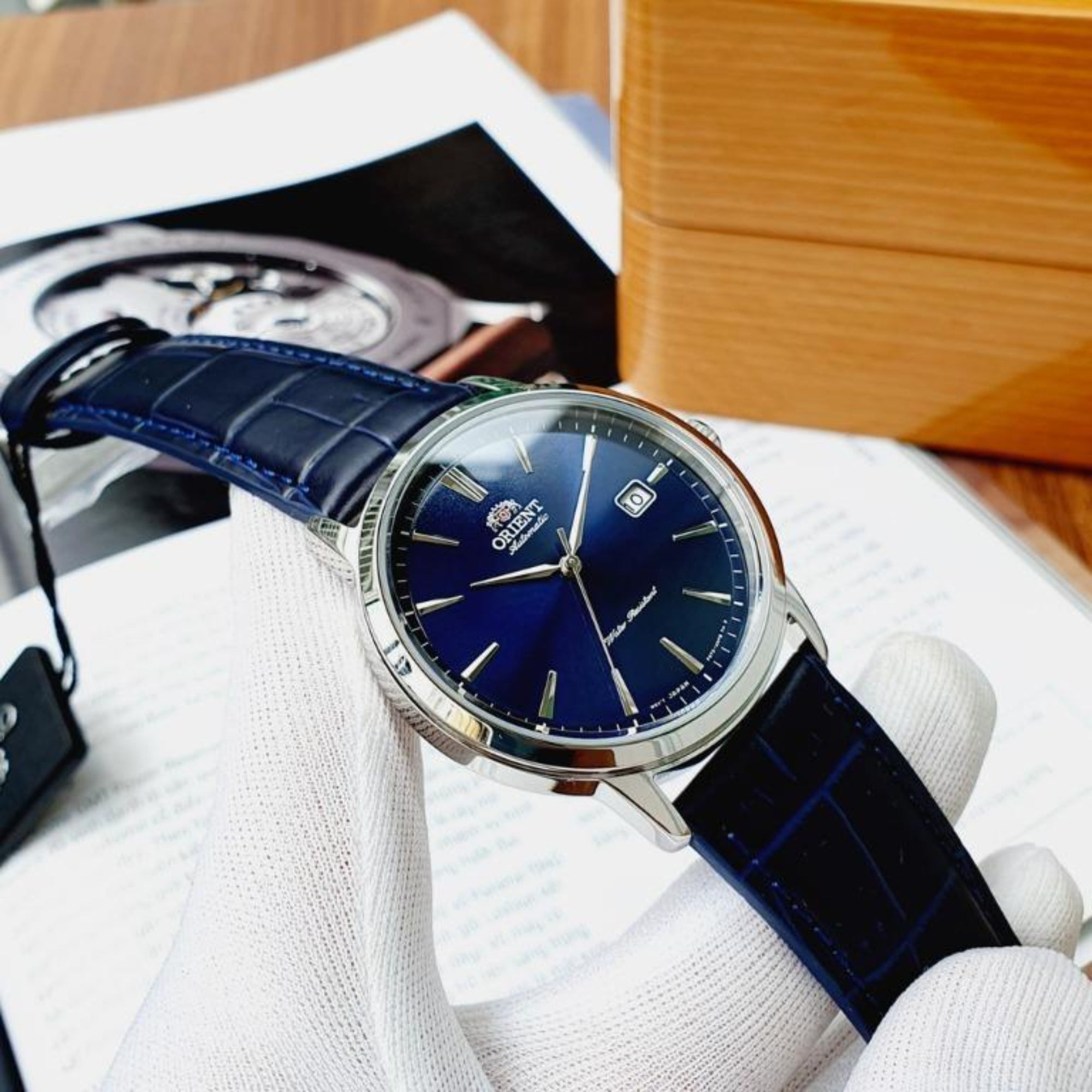 Orient Contemporary RA-AC0F06L30B automatic watch with a blue sunburst dial