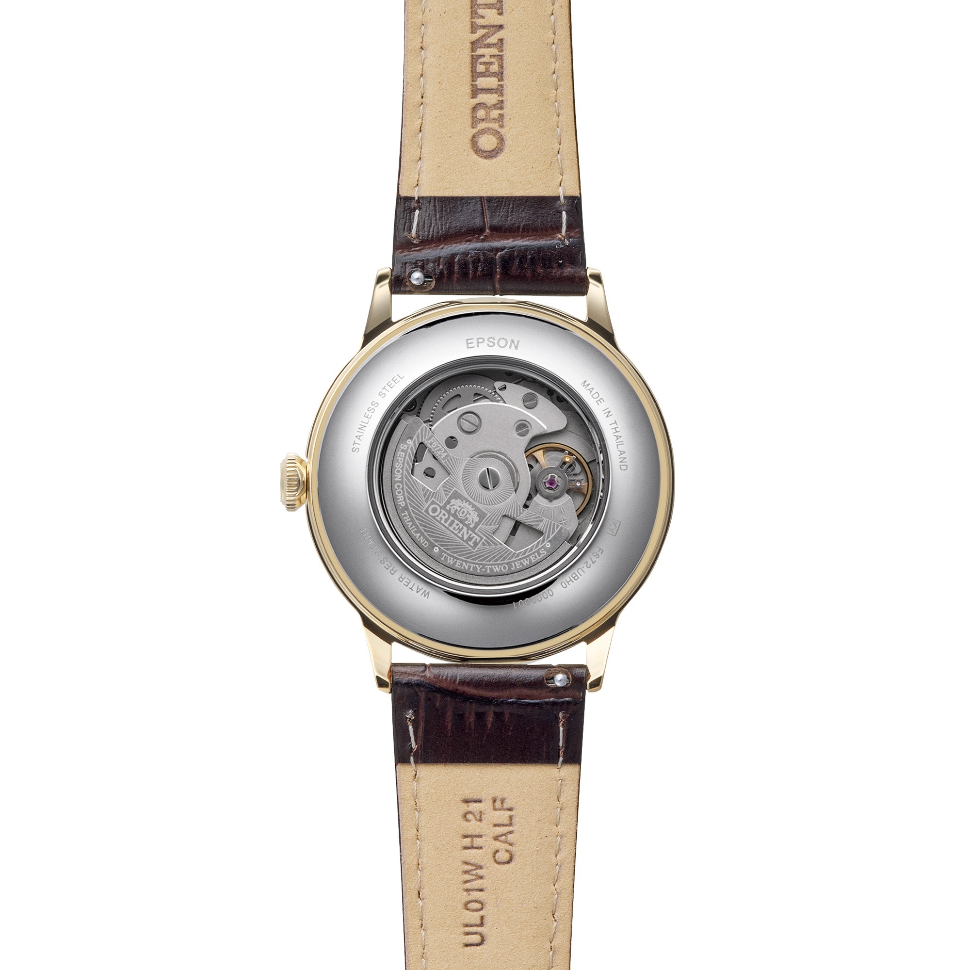 Orient Bambino RA-AC0028S30B brown leather strap detail
