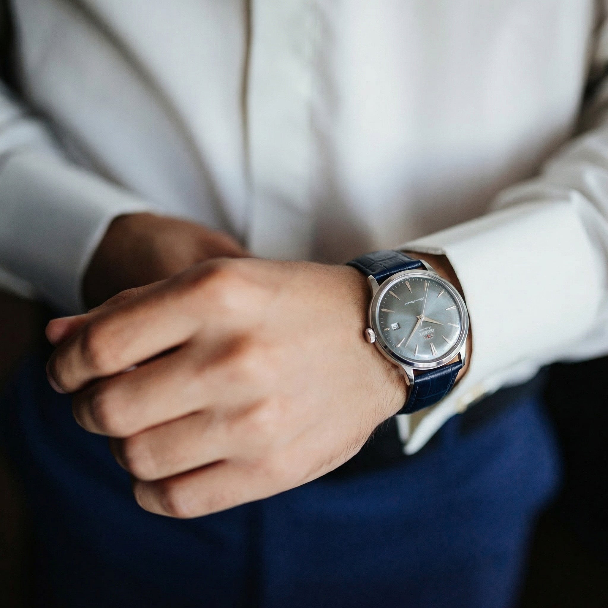Orient Bambino RA-AC0030L30B automatic dress watch worn on wrist