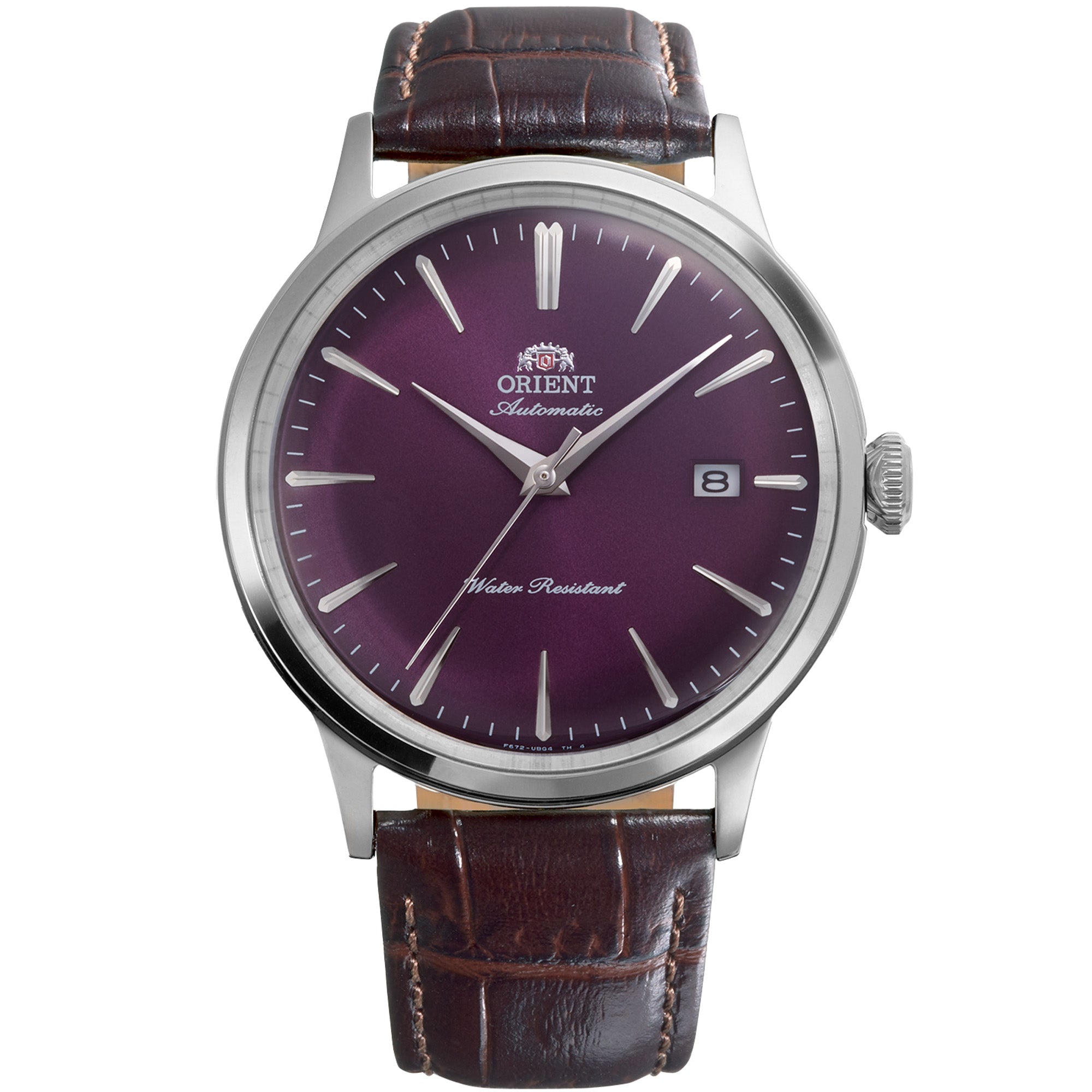 Orient Bambino Purple Dial Leather Strap automatic watch RA-AC0032V30B front view