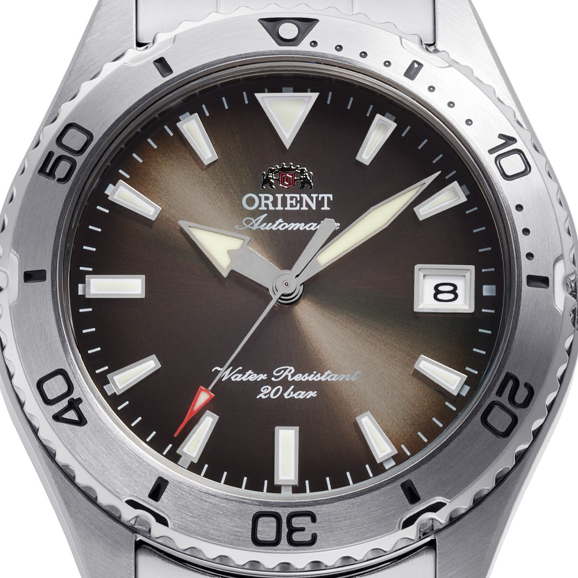 Orient Mako RA-AC0Q15Y30B brown gradation dial with date display close-up
