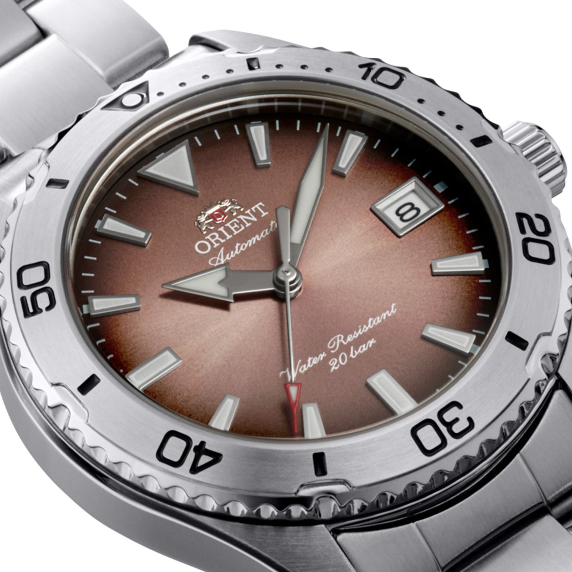 Orient Mako RA-AC0Q17Y30B Copper Dial unidirectional rotating bezel detail close up view