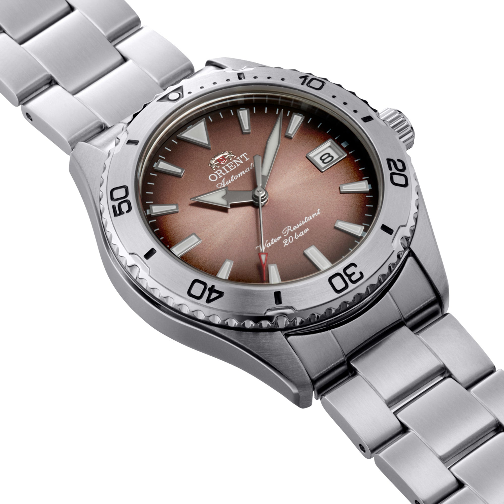 Orient Mako 40mm RA-AC0Q17Y30B dive-style watch with a brown dial and stainless steel bracelet.